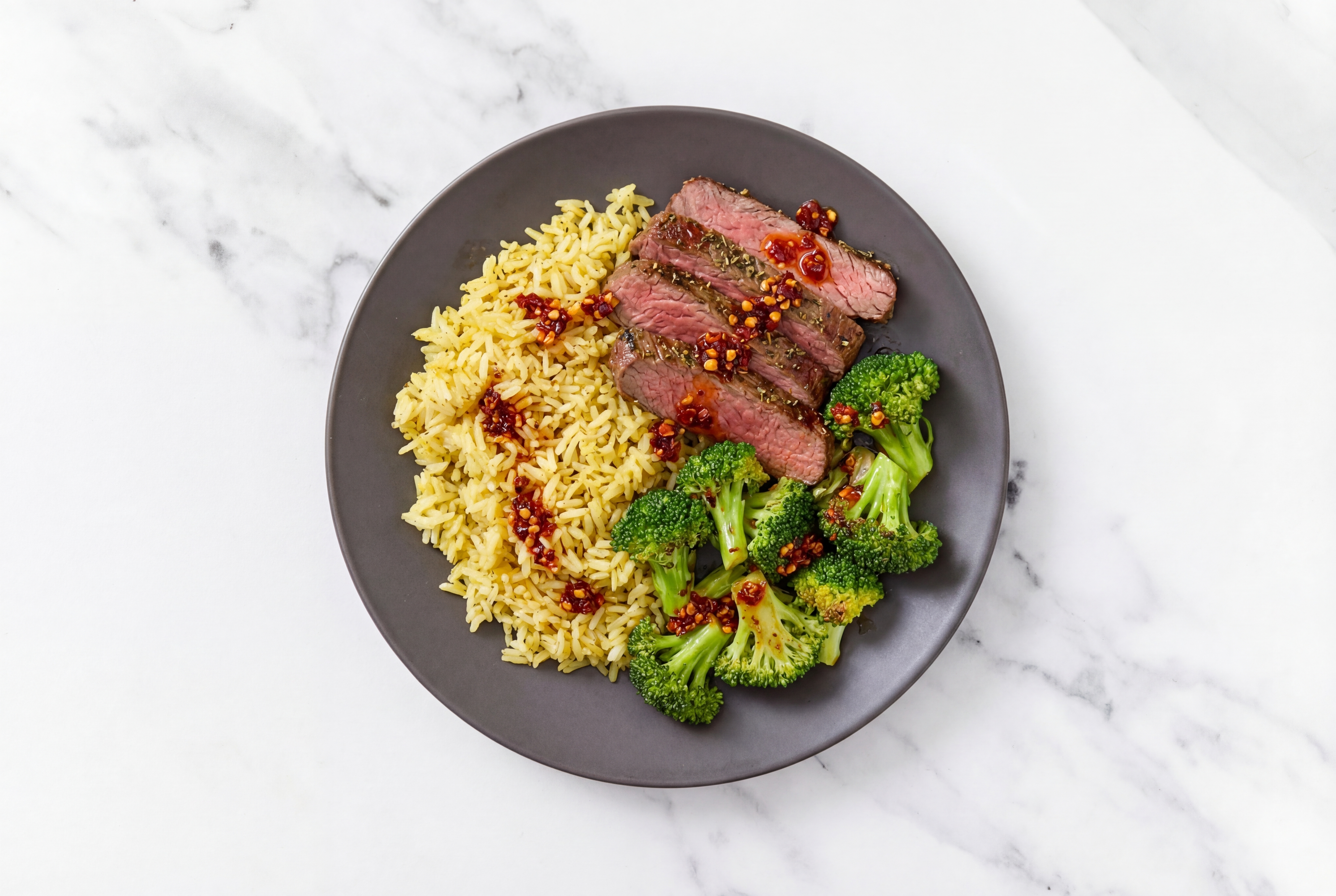 Chili Crisp Rosemary Garlic Beef Flank Steak Seasoned Jasmine Rice Bowl