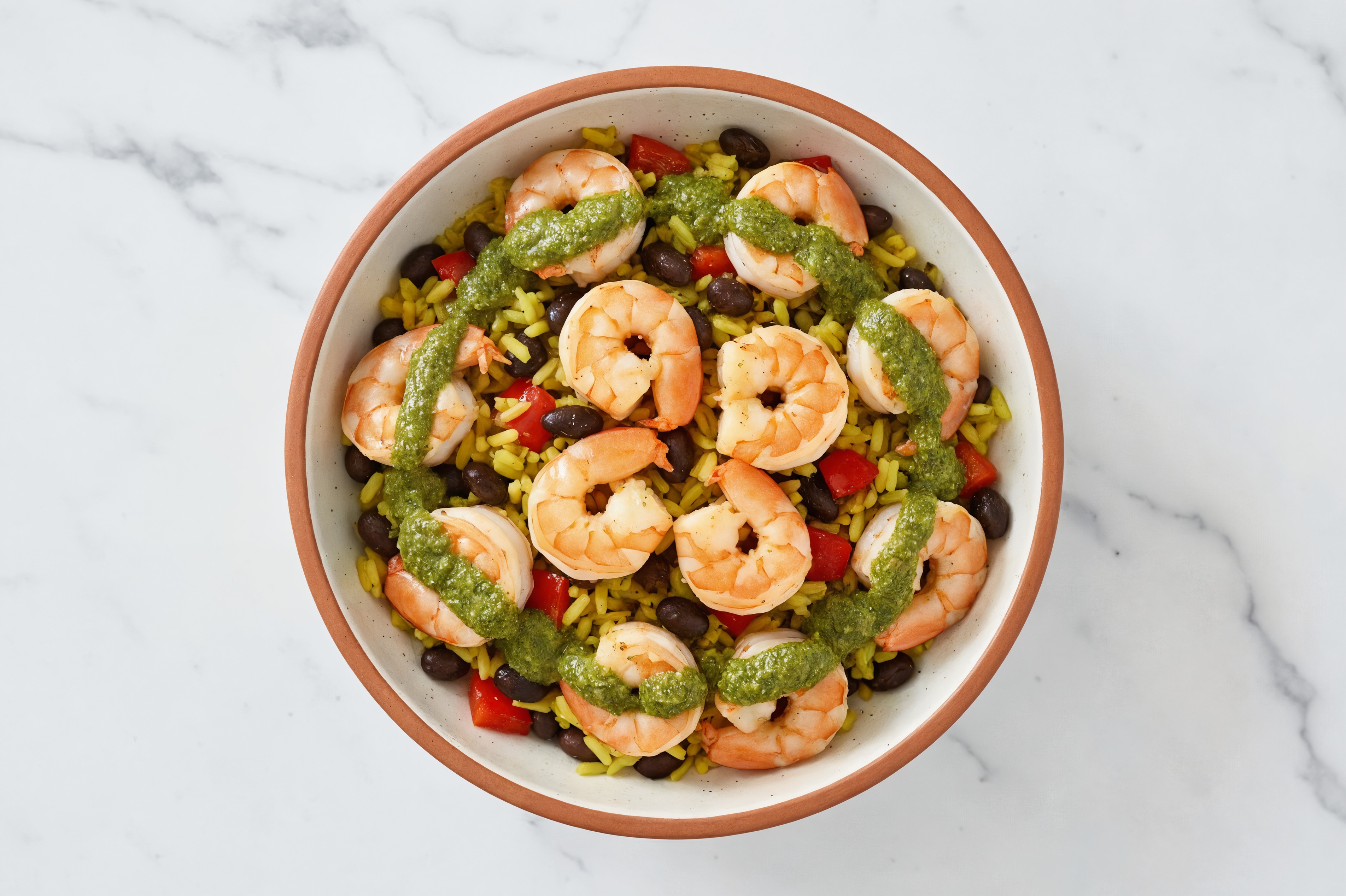 Herby Shrimp Fajita + Organic Red Pepper Rice with Beans Bowl with Classic Chimichurri