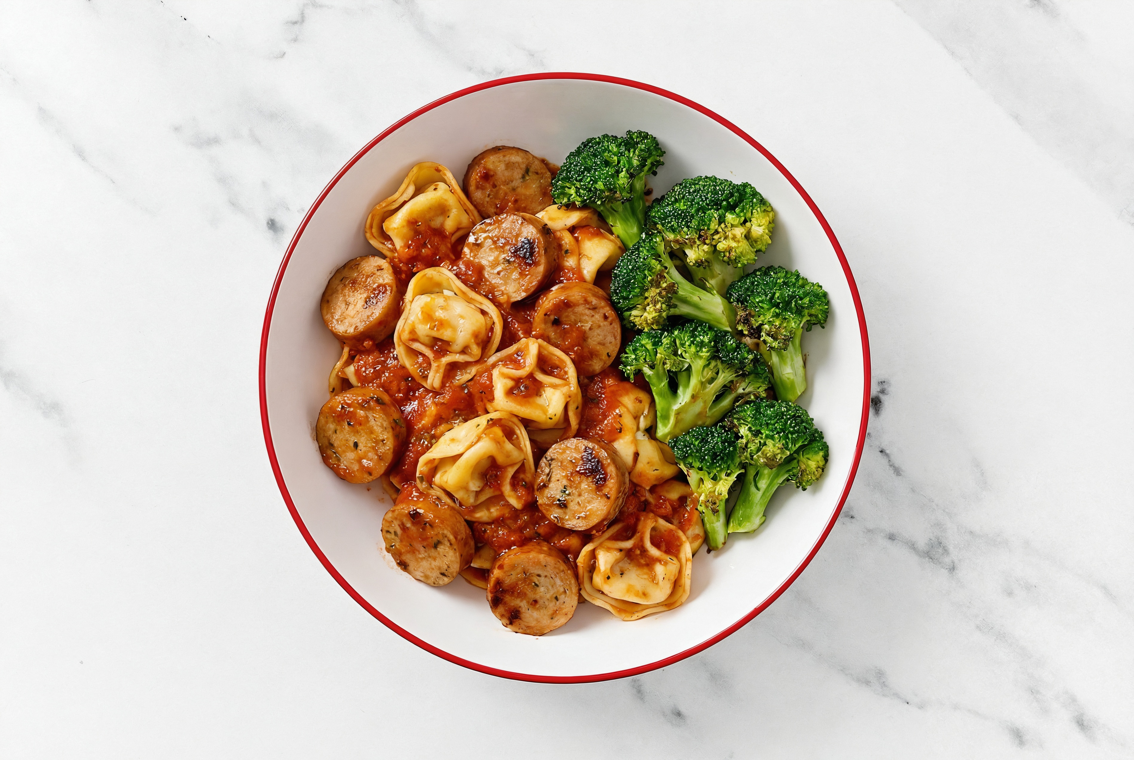 Herby Tomato-Sauce Tortelloni with Sweet Italian Chicken Sausage