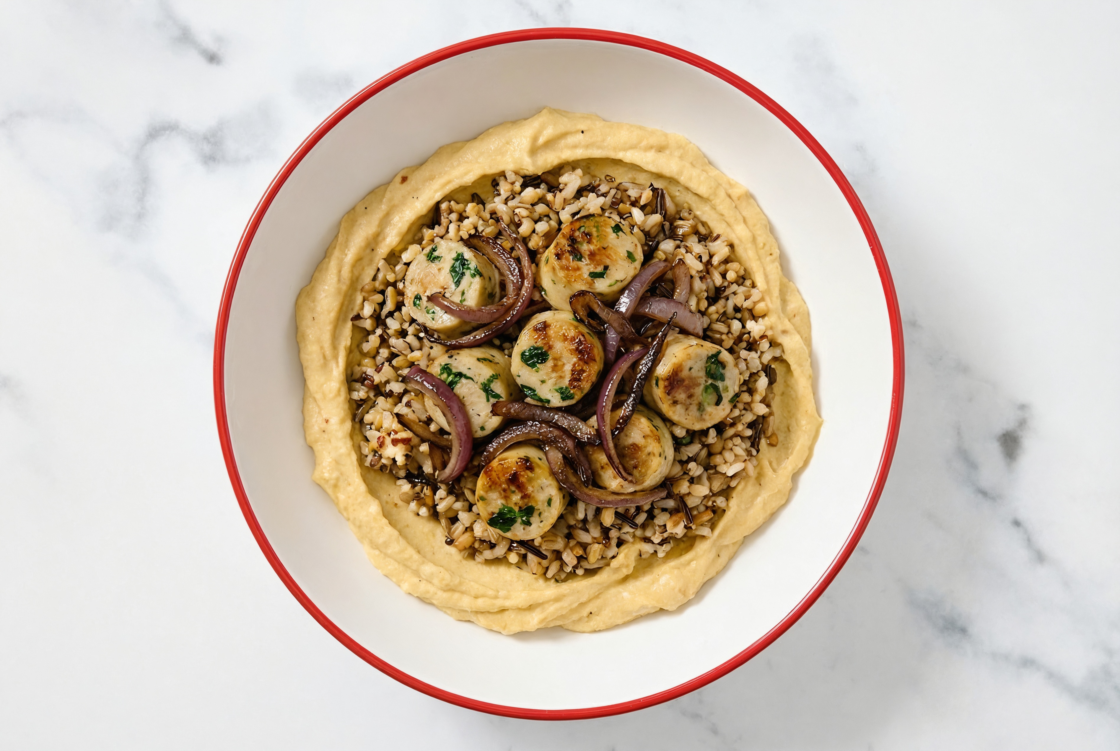 Garlic Chicken Sausage & Red Onion Grain Bowl with Onion Hummus