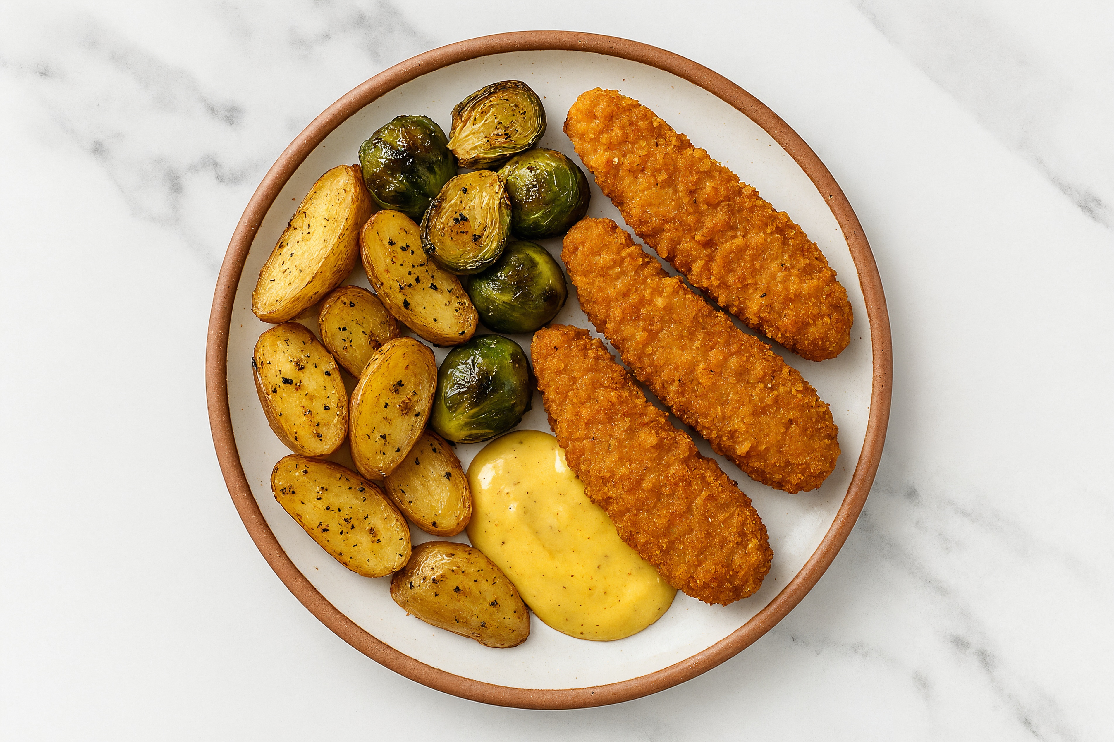"Chicken" Tenders with Brussels and Honey Mustard