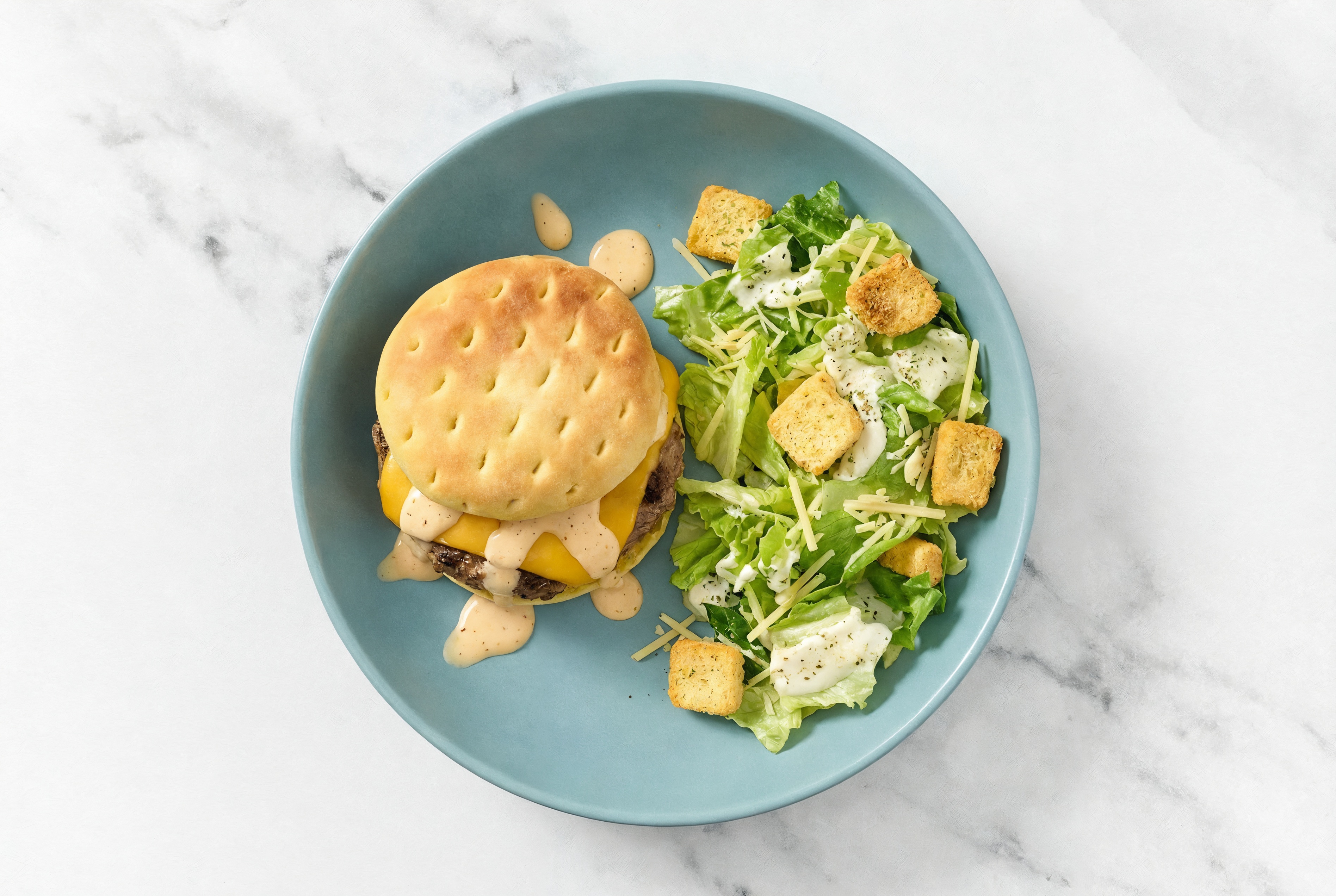 Buffalo Ranch Cheddar Burger + Caesar Salad with Ground Beef Patties