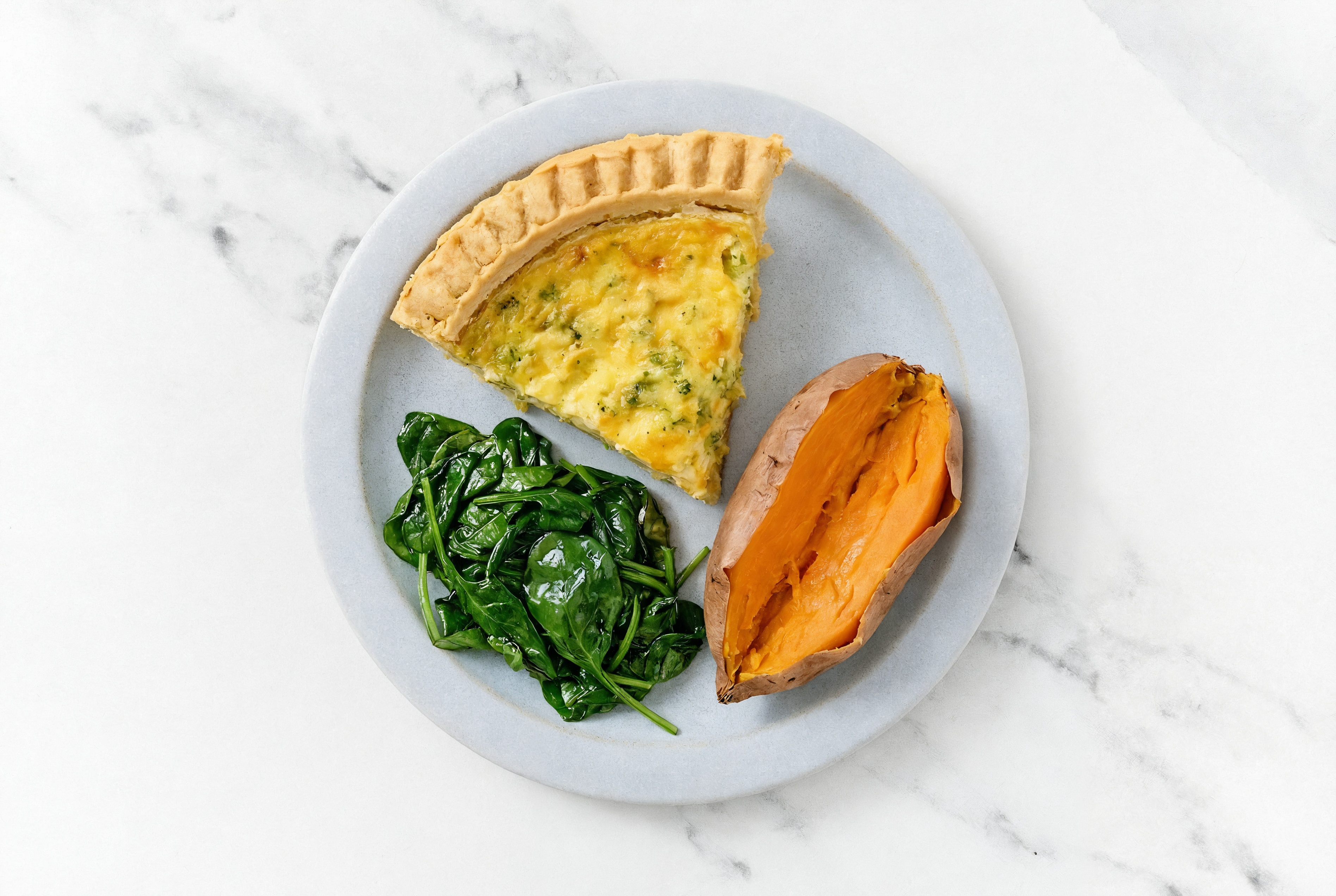 Broccoli & Cheddar Quiche with Baby Spinach & Sweet Potato