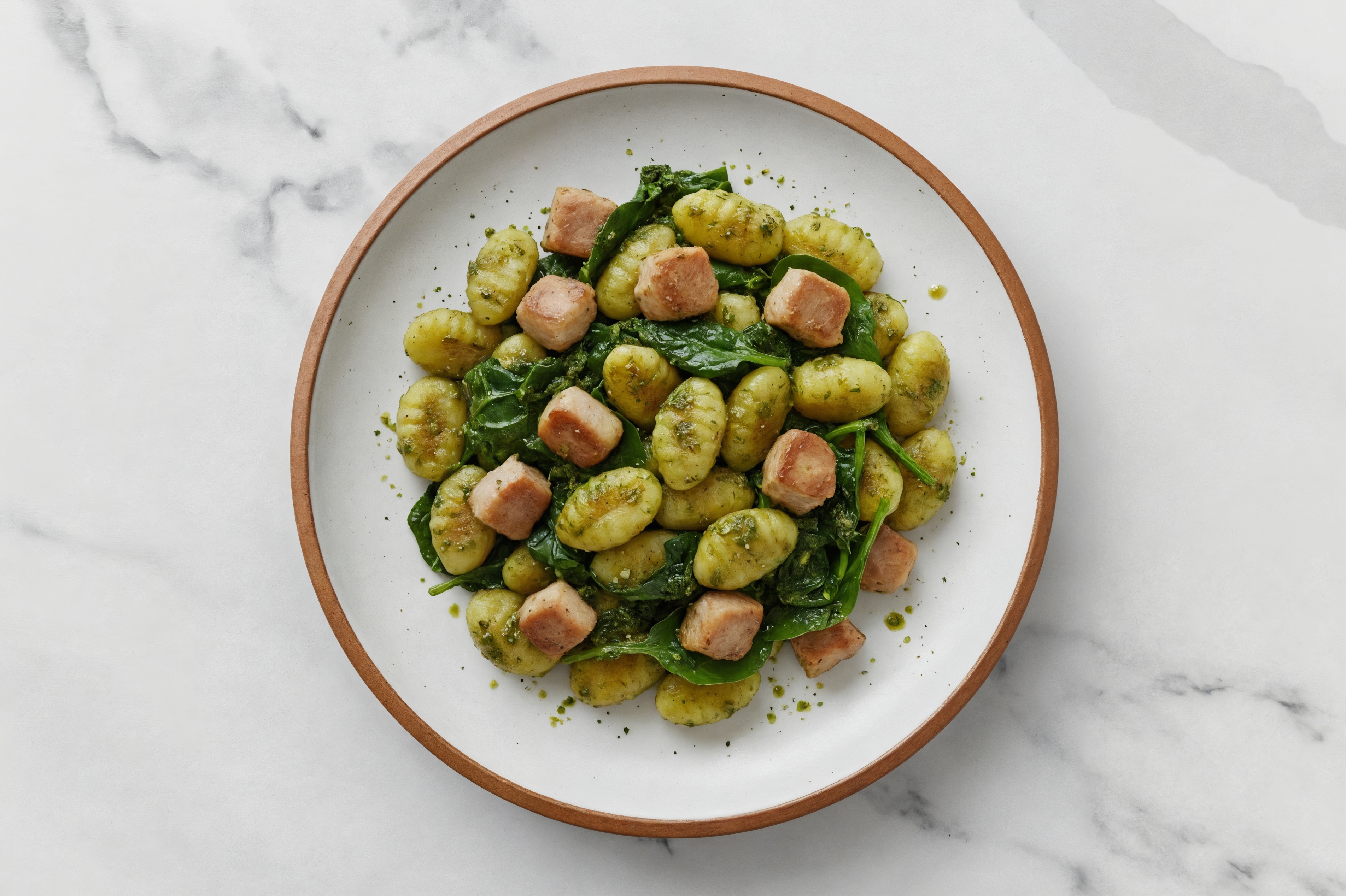 Spinach Pesto Gnocchi with Pork Chops & Spinach
