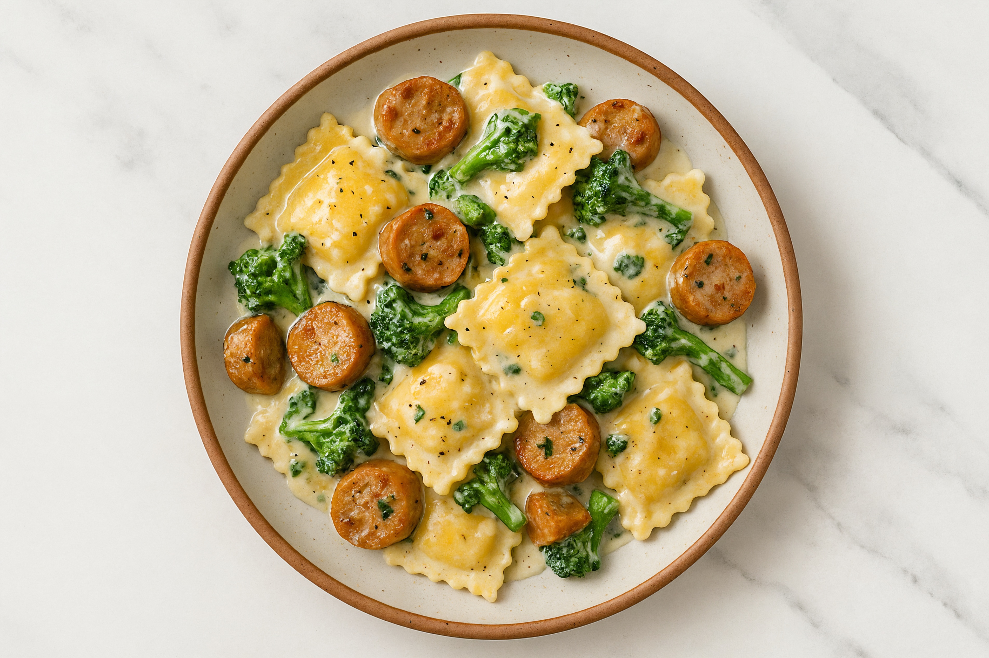 Alfredo Squash Ravioli with Chicken Sausage & Baby Broccoli