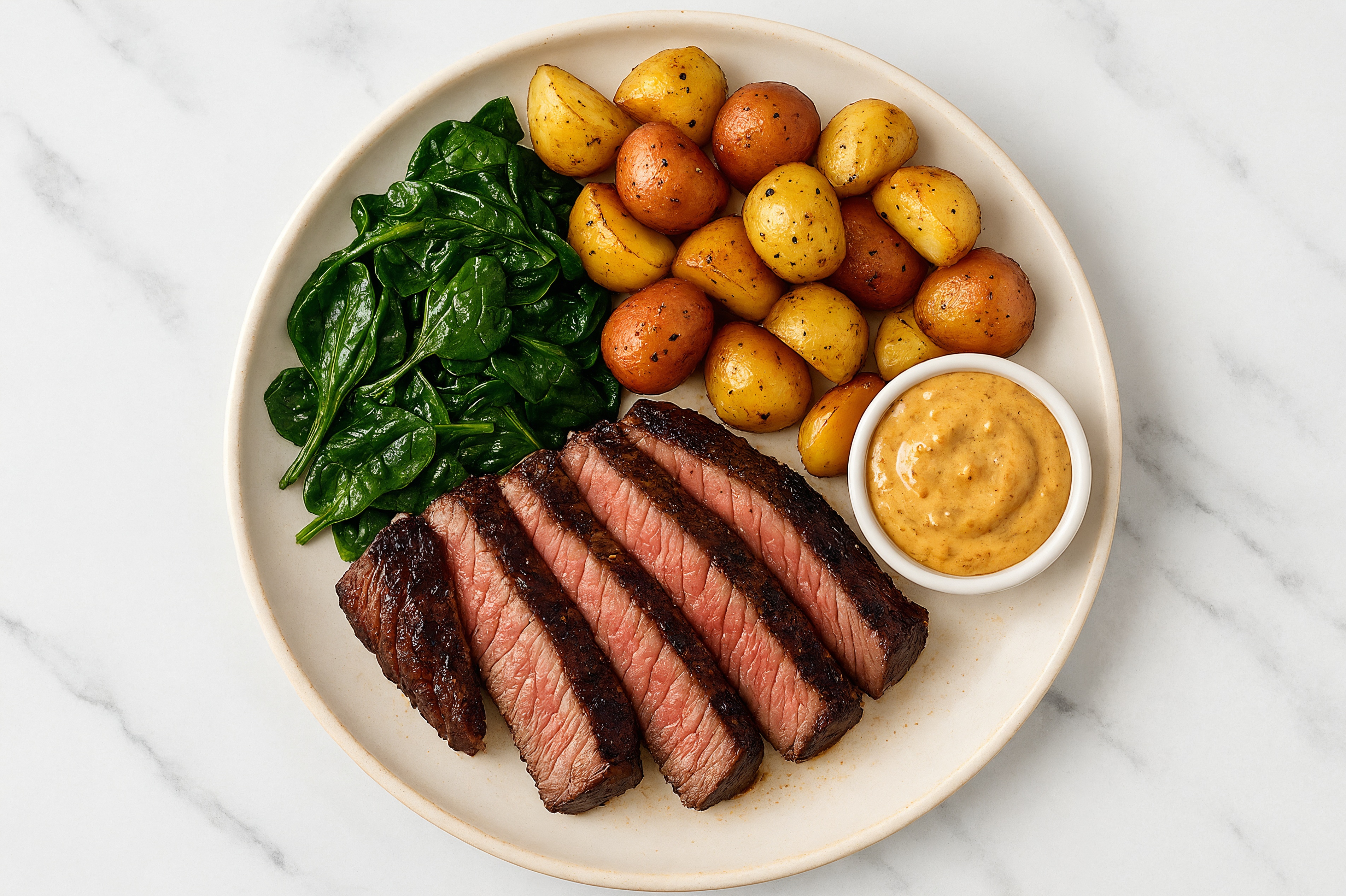  Grilled potatoes, Steak with Creamy Smoky BBQ with Baby Spinach