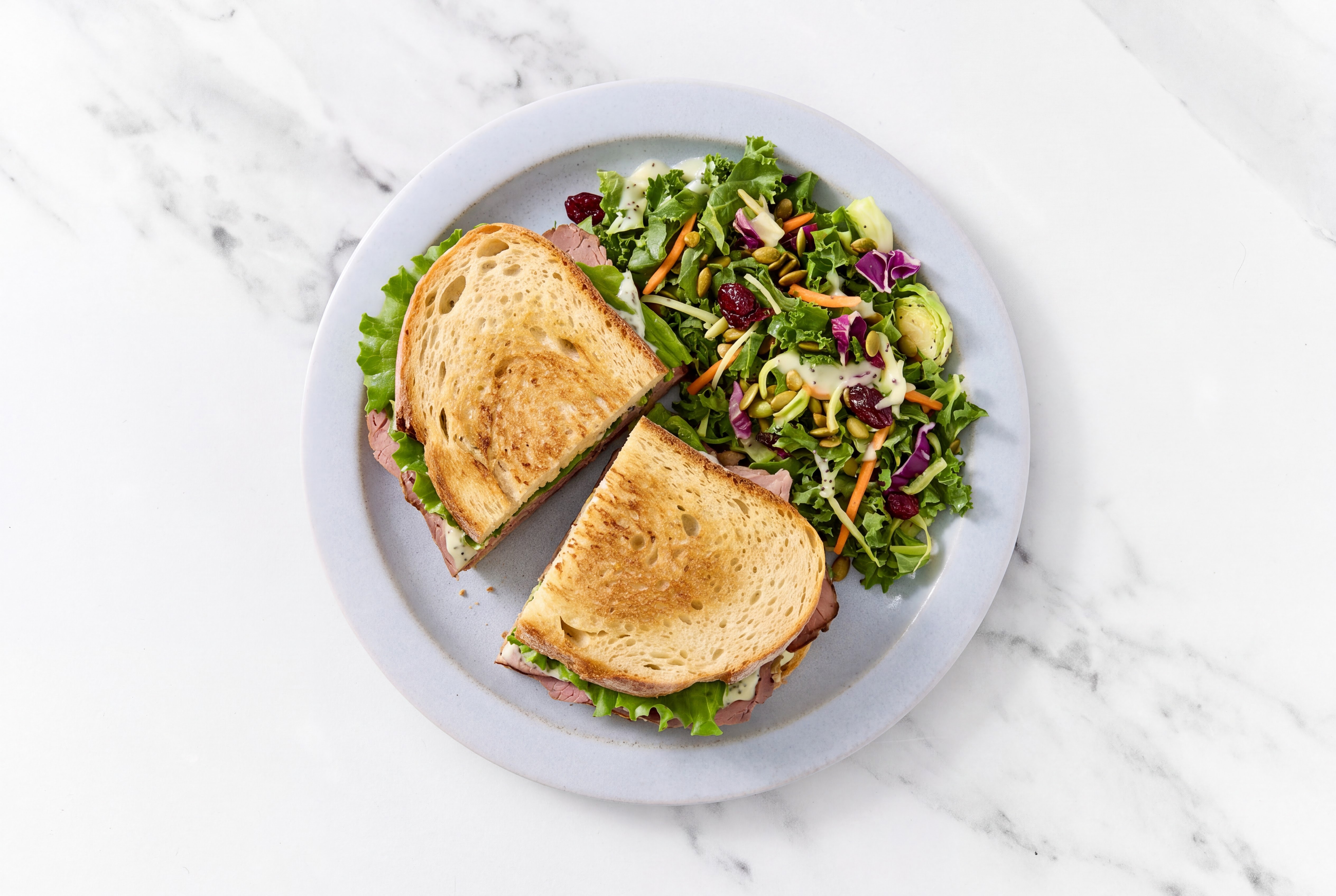Roast Beef Sandwich with Creamy Pickle Sauce + Kale Salad