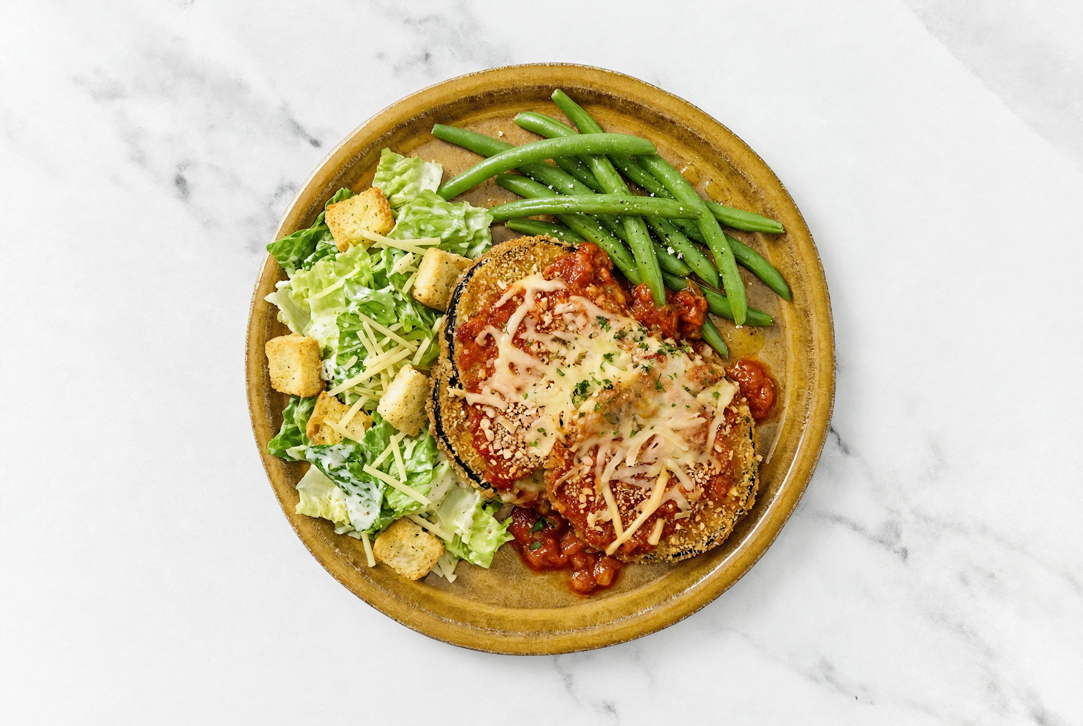 Eggplant Parmesan with Green Beans + Caesar Salad