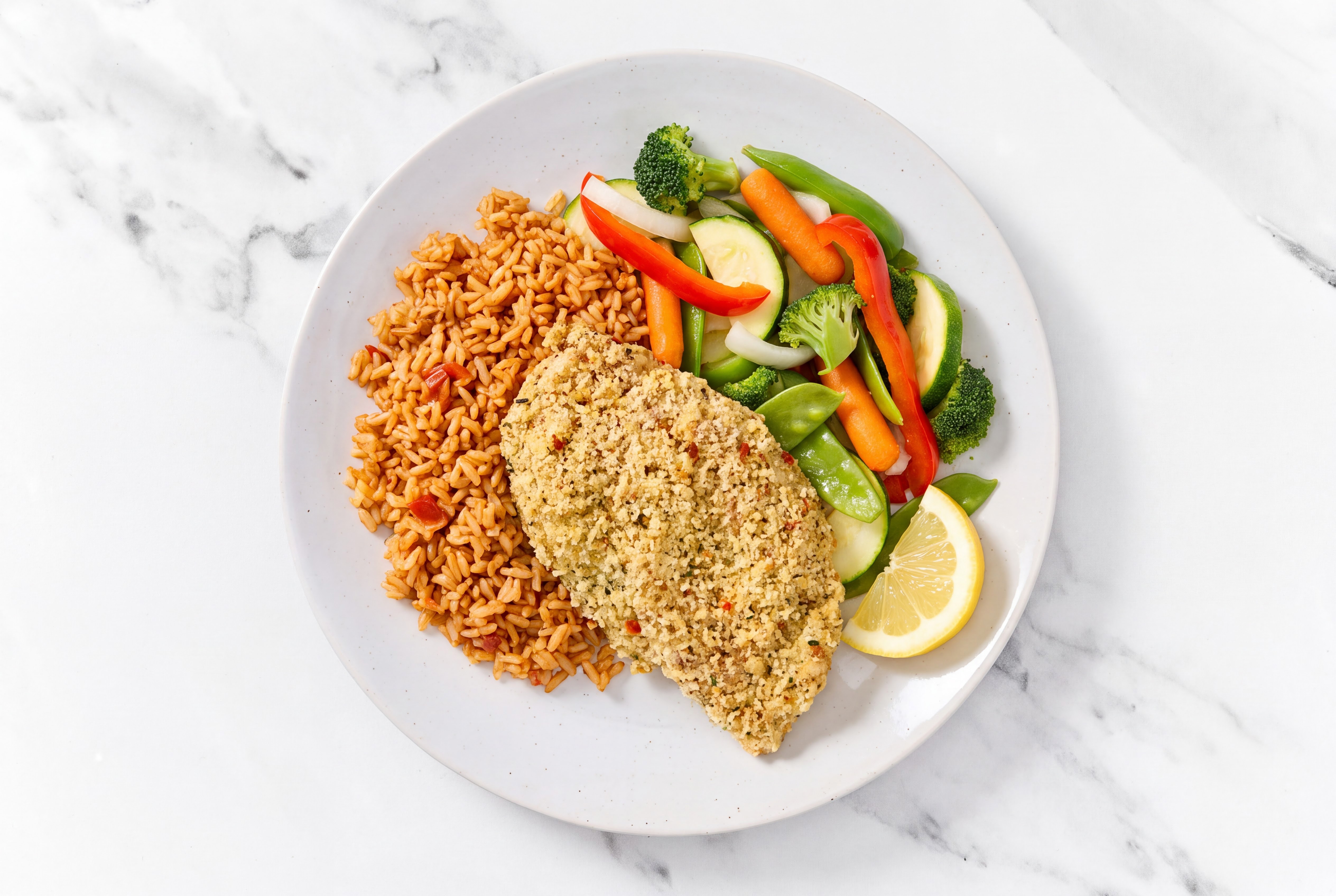 Lemon Parmesan Breaded Chicken Cutlet with Mixed Veggies & Mexican Rice