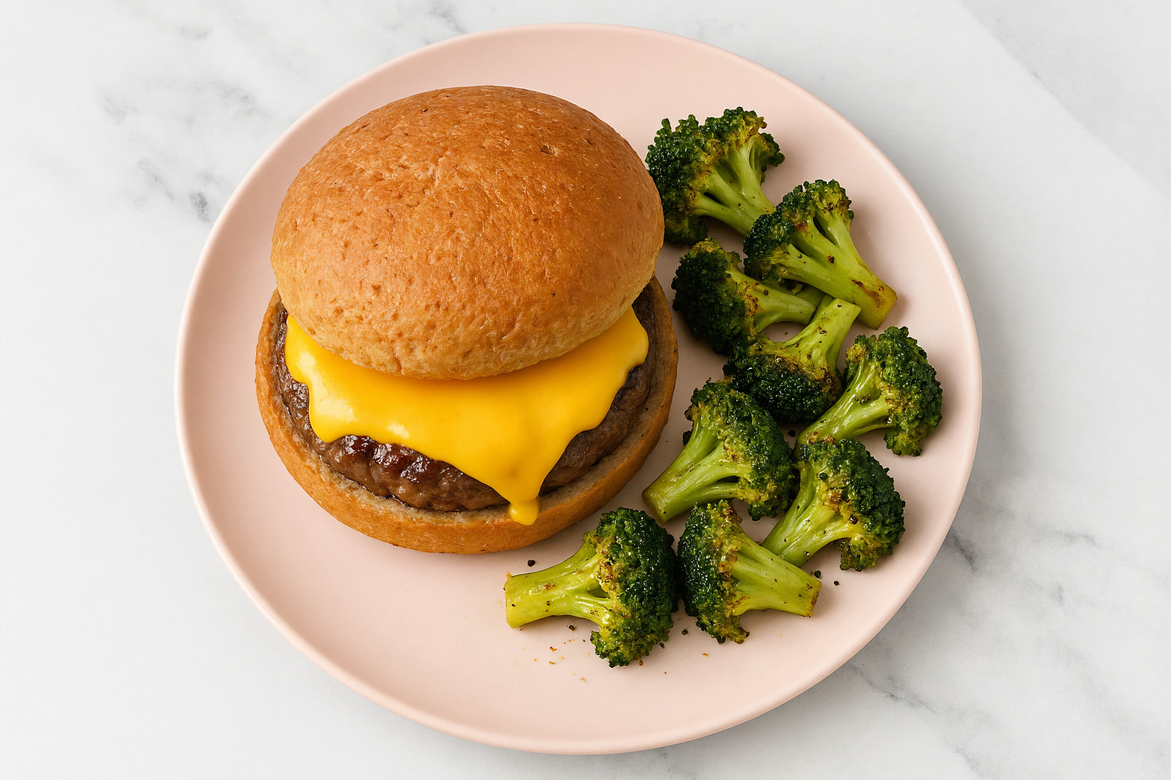 Classic Cheese Burger with Broccoli Side with Ground Beef Patties