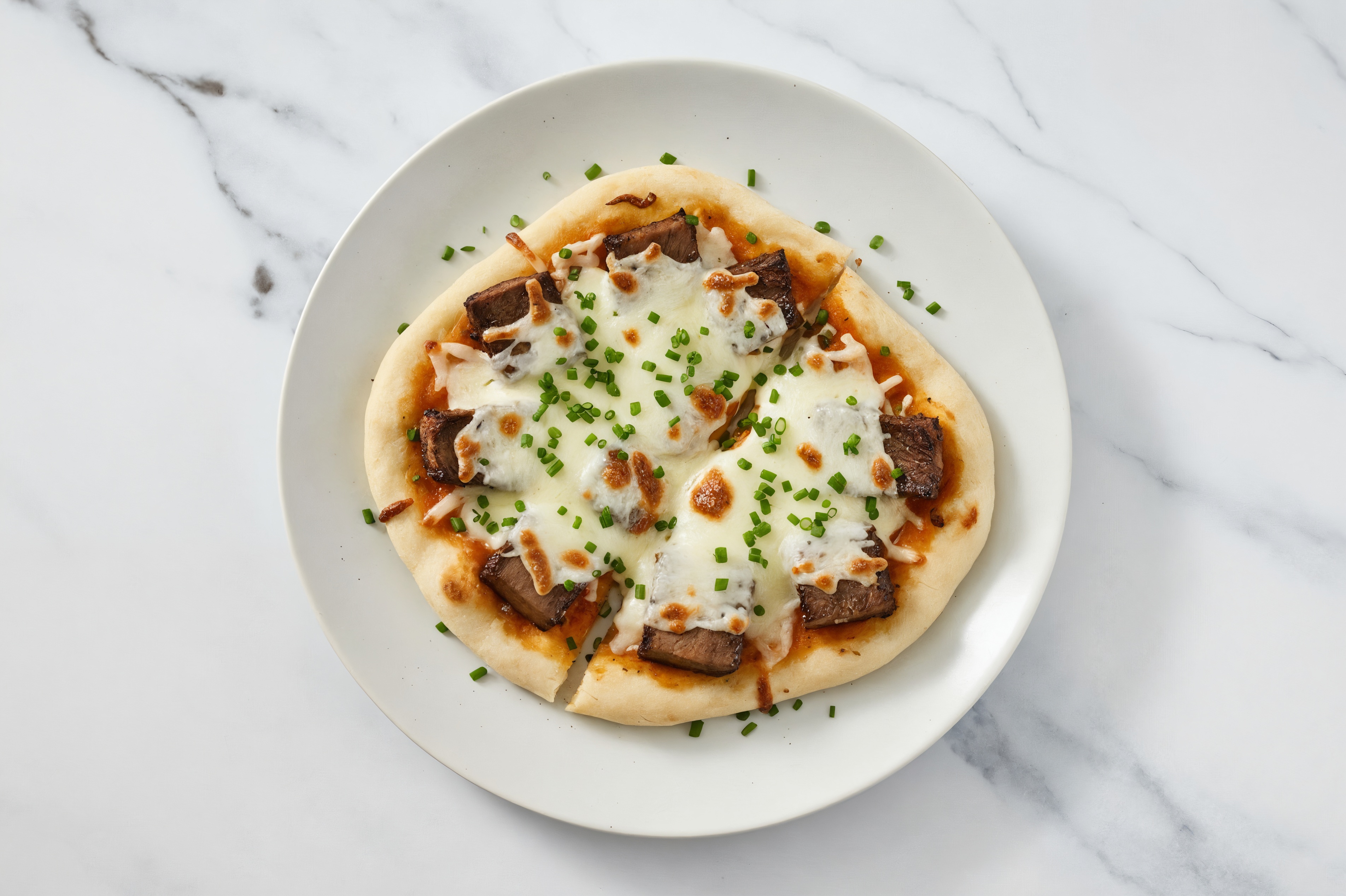 Spiced Tikka Short Rib Naan Pizza with "Mozzarella" + Fresh Chives