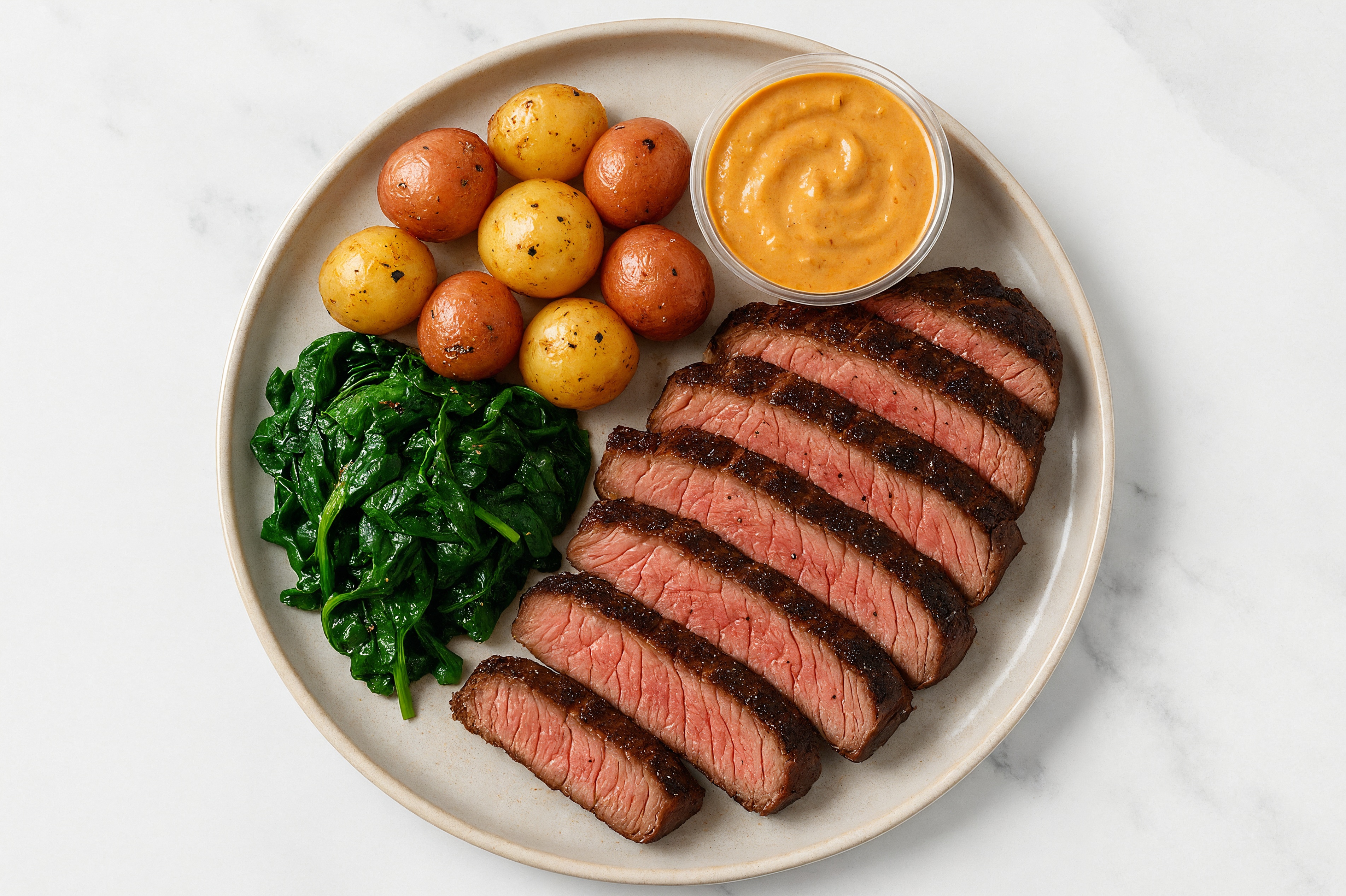 Grilled potatoes, Steak with Creamy Smoky BBQ with Baby Spinach