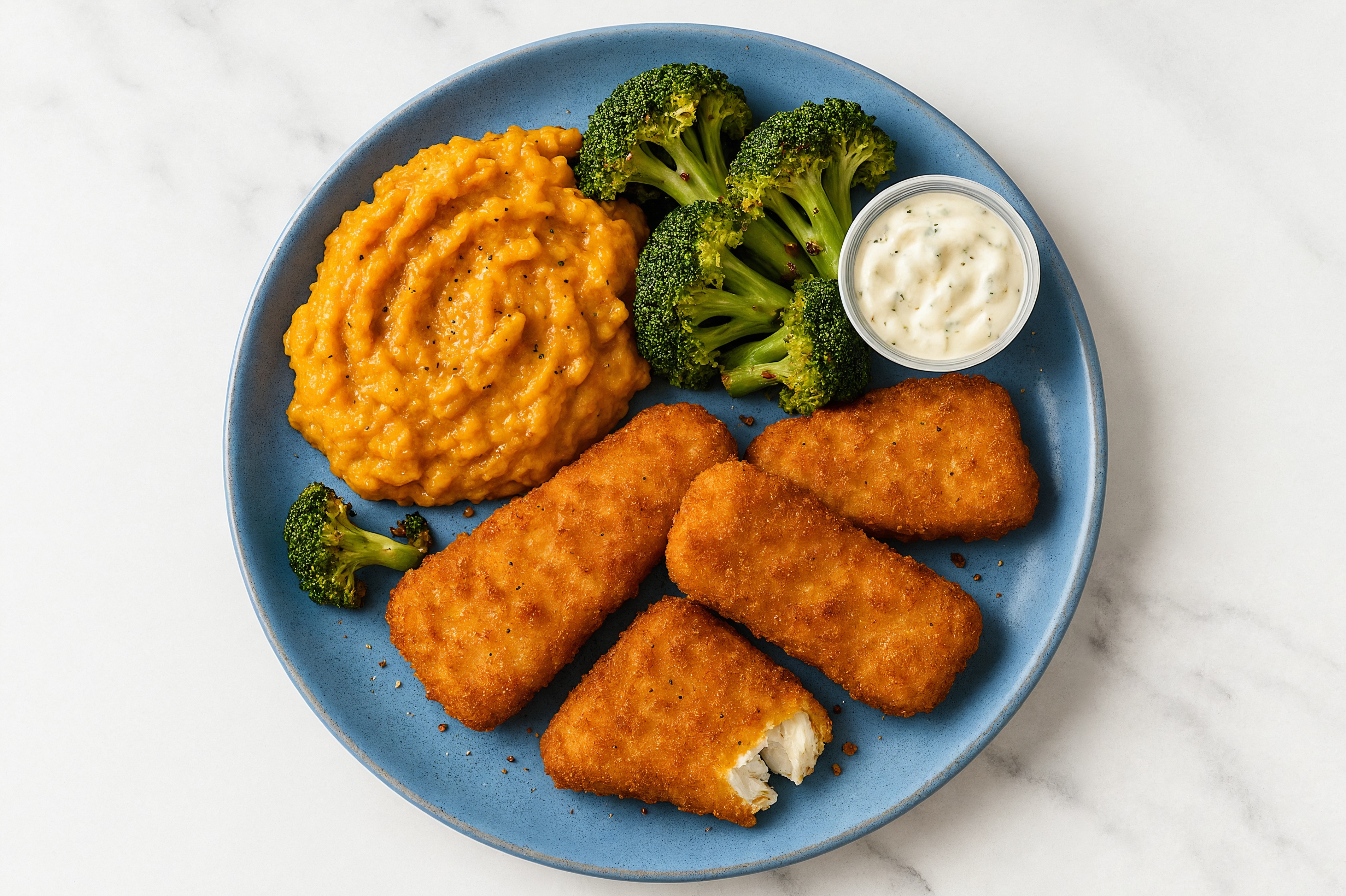  Garlicky Air Fryer Fish Nuggets + Sweet Potato Mash with Broccoli Florets