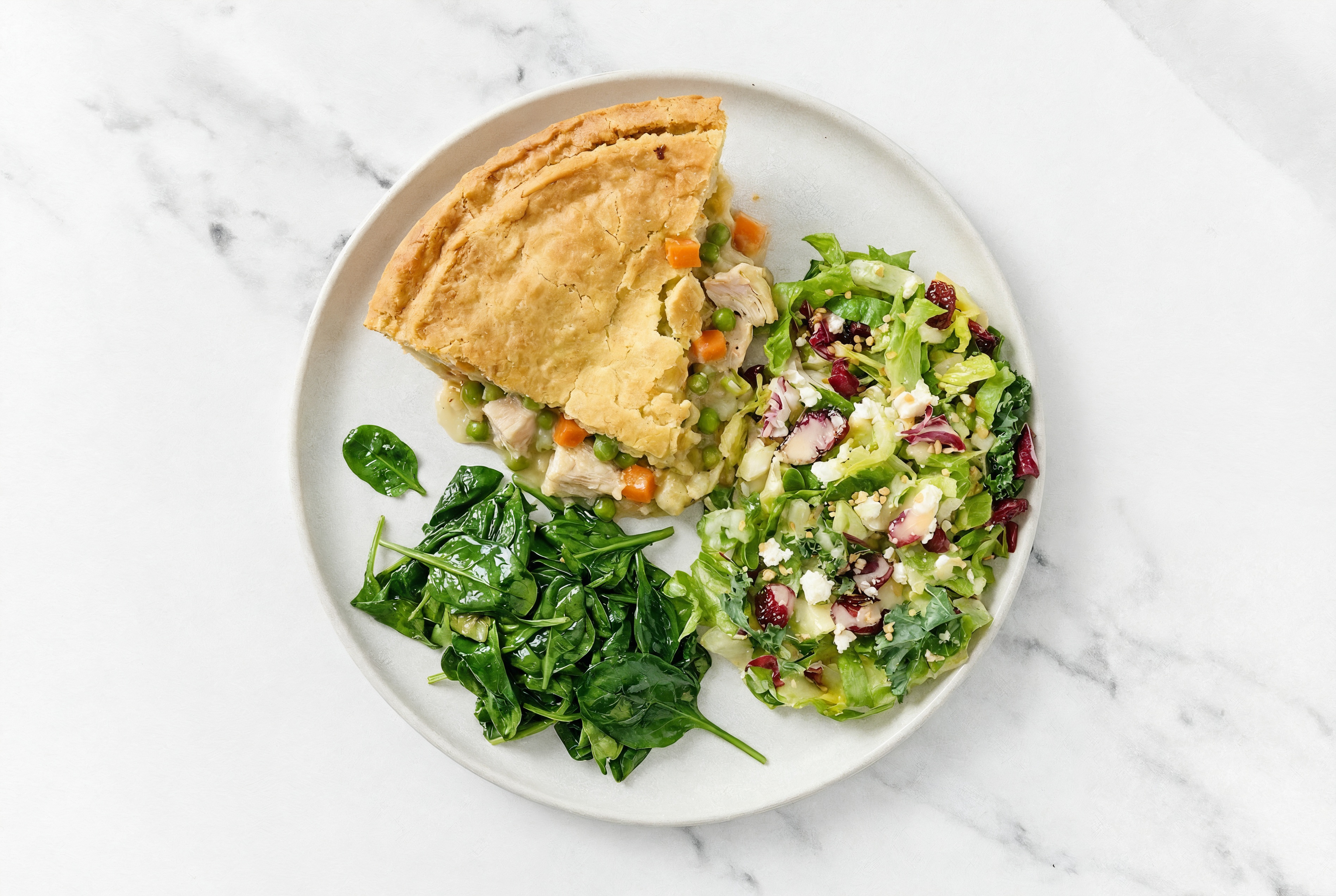 Chicken Pot Pie with Baby Spinach & Honey Citrus Salad