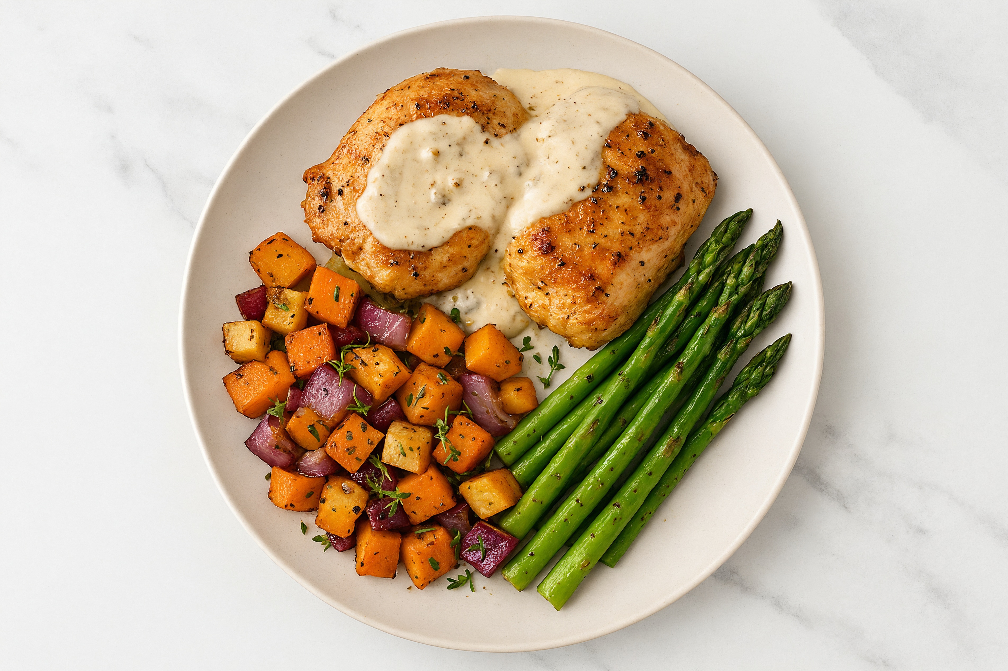 Creamy Truffle Smothered Chicken Thighs with Asparagus & Roasted Vegetables