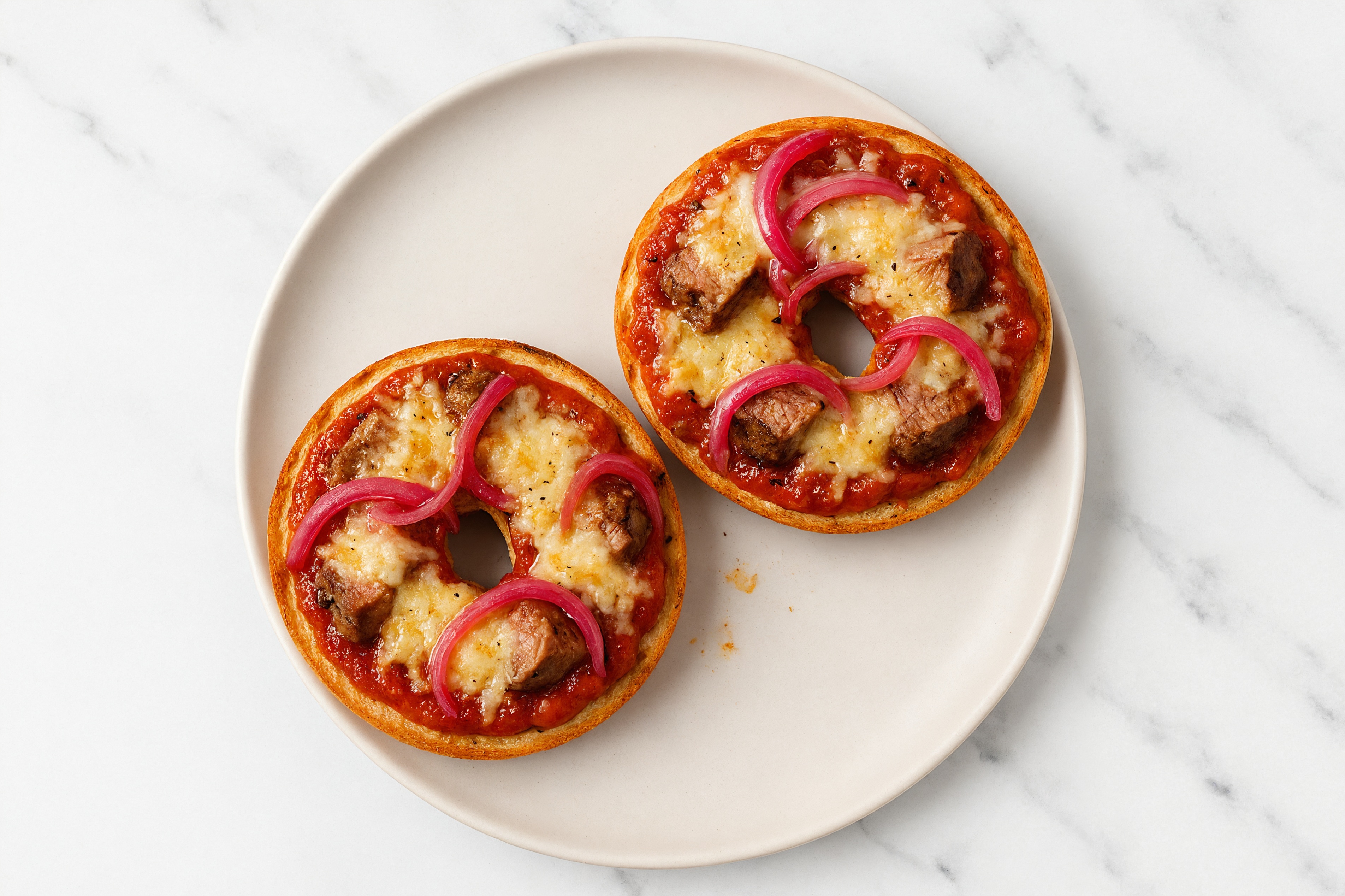Classic Sirloin Pizza Gluten-Free Plain Bagels with Pickled Onion