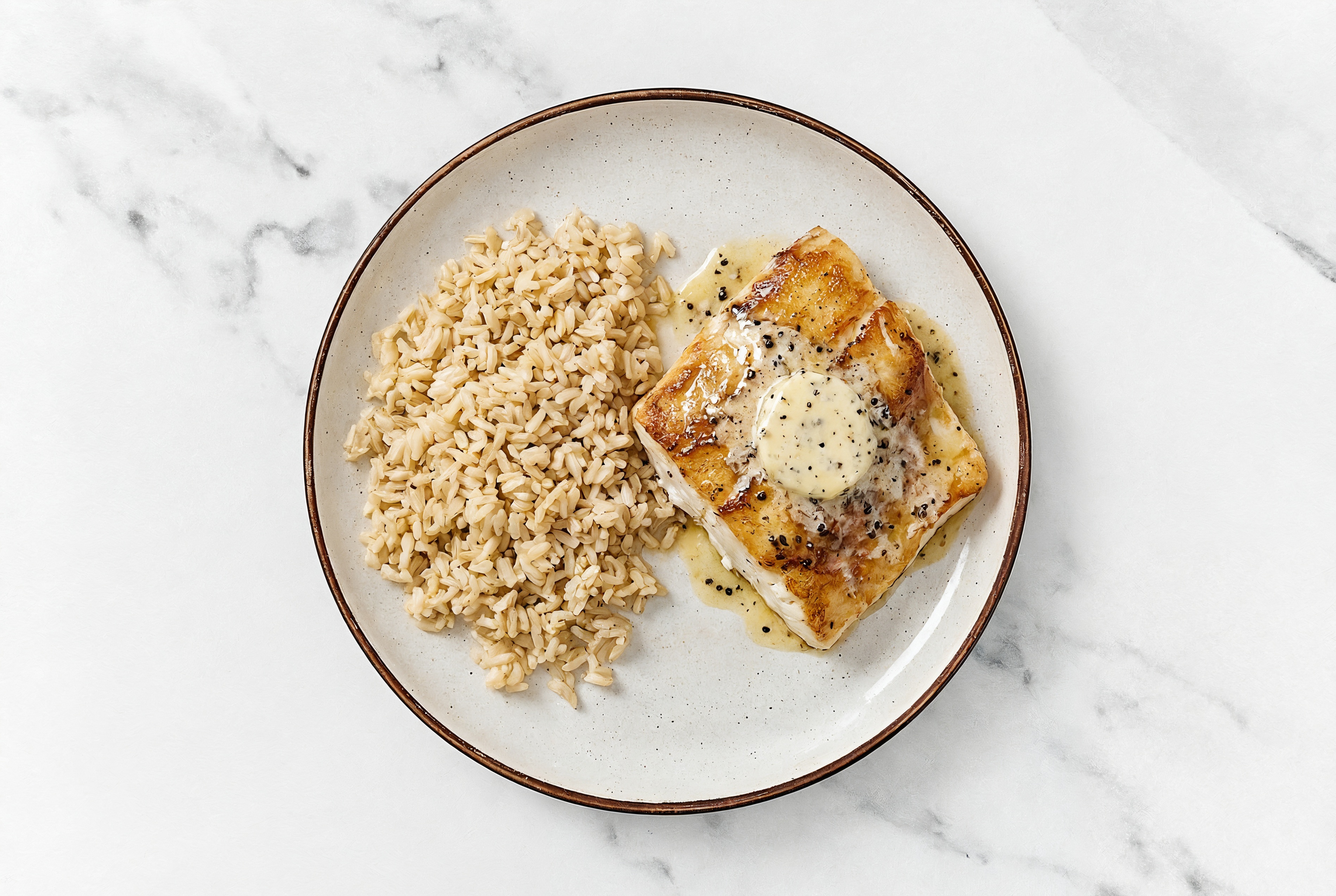 Buttery Slow Churned Lemon & Peppercorn Pasture Butter Pepper Barramundi + Brown Rice