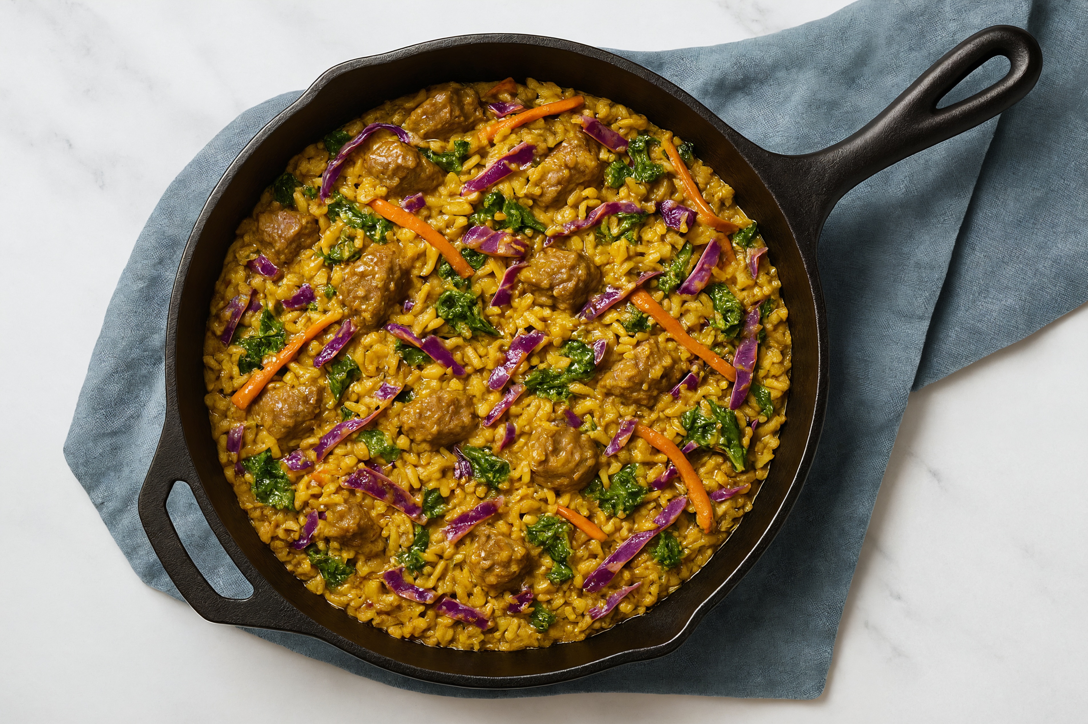 Curry Rainbow Veggie + Bison Stir-Fry with Seasoned Jasmine Rice
