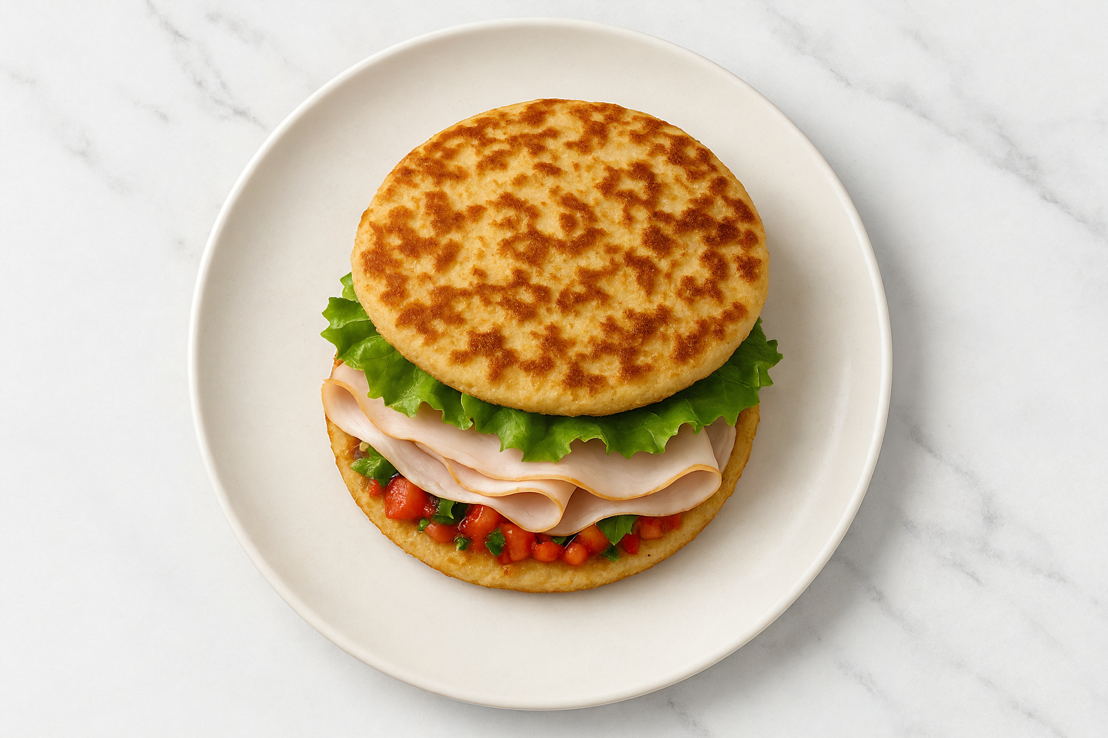 Mexican Roasted Turkey Sandwich with Green Leaf Lettuce on Cauliflower Rounds