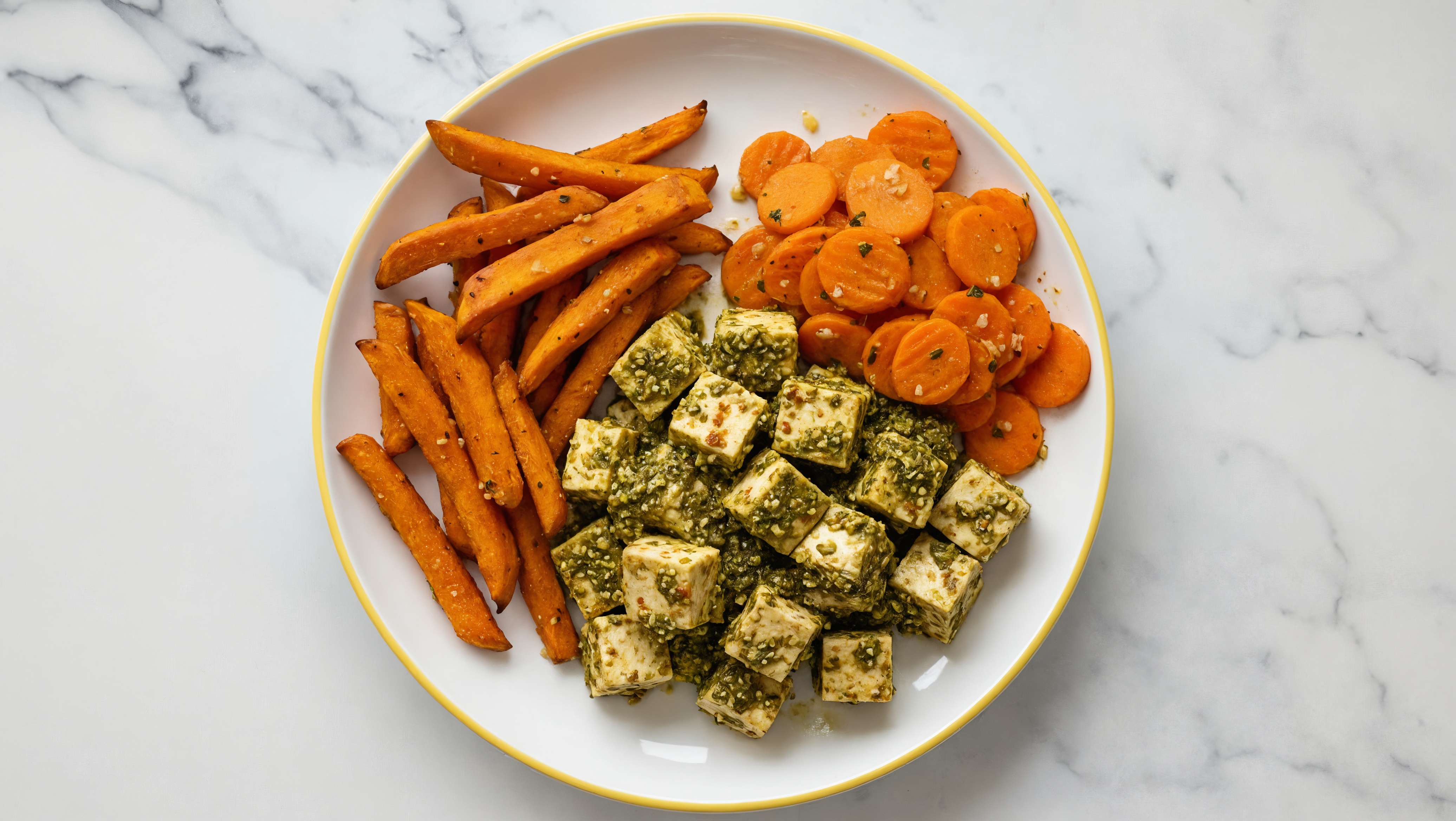 Pesto Tofu Bites with Sweet Potato Fries + Garlic Carrots