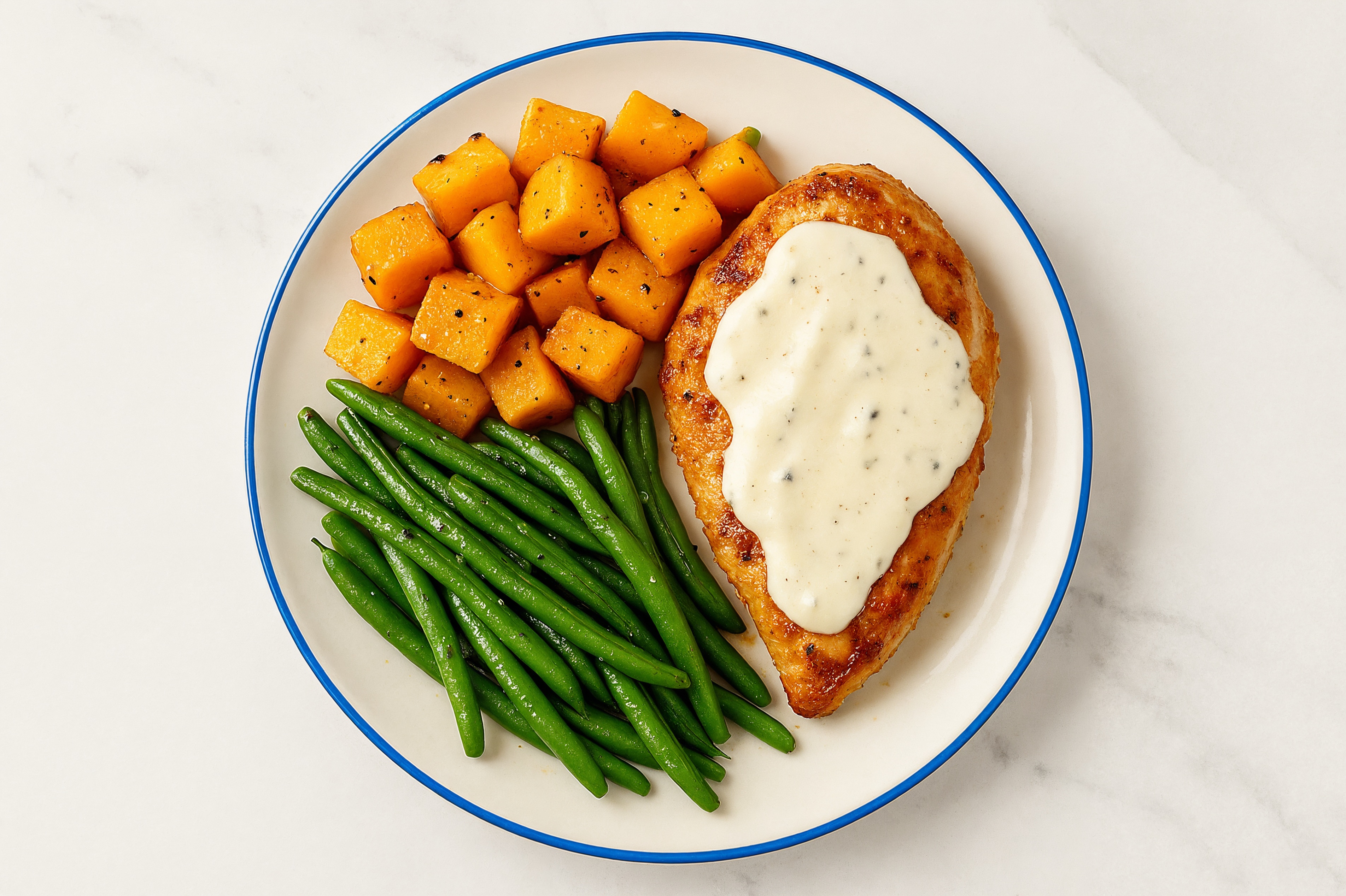 Creamy Parmesan Smothered Chicken Breasts with Green Beans & Roasted Butternut Squash