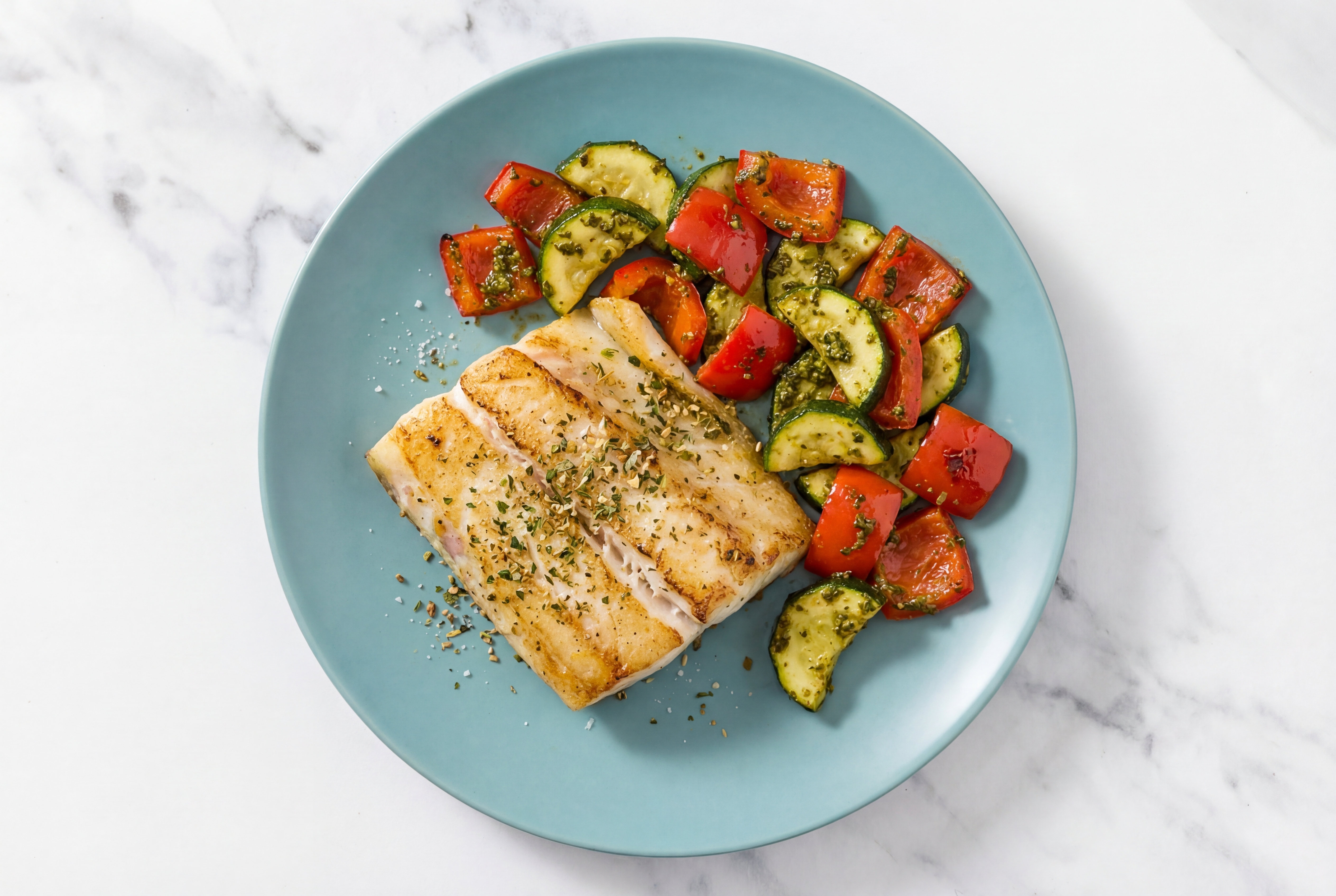 Garlic Herb Barramundi + Pesto Summer Veggies with Red Bell Pepper