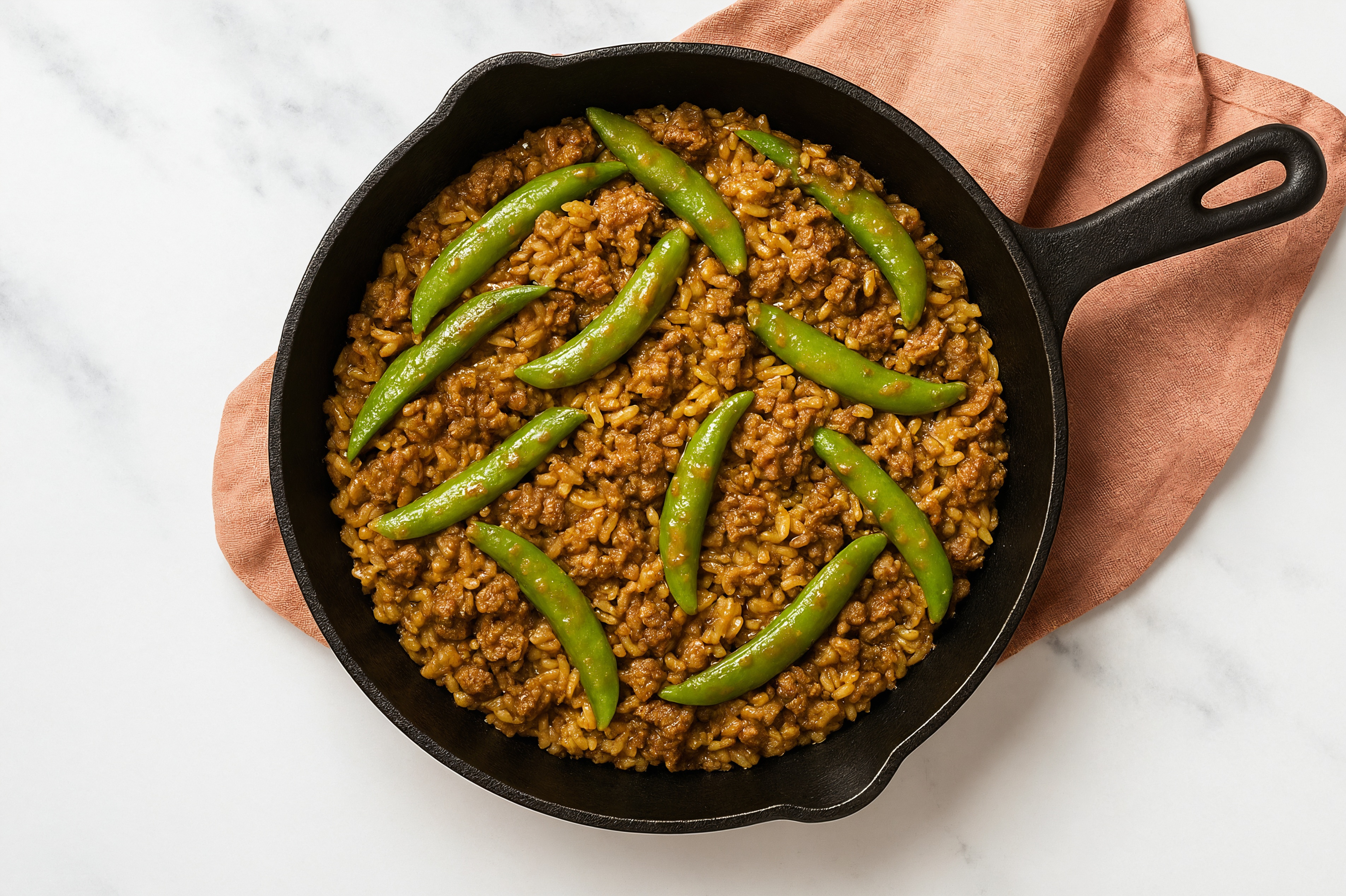 Thai Peanut Pea Snap + Ground Bison Stir-Fry with Seasoned Jasmine Rice