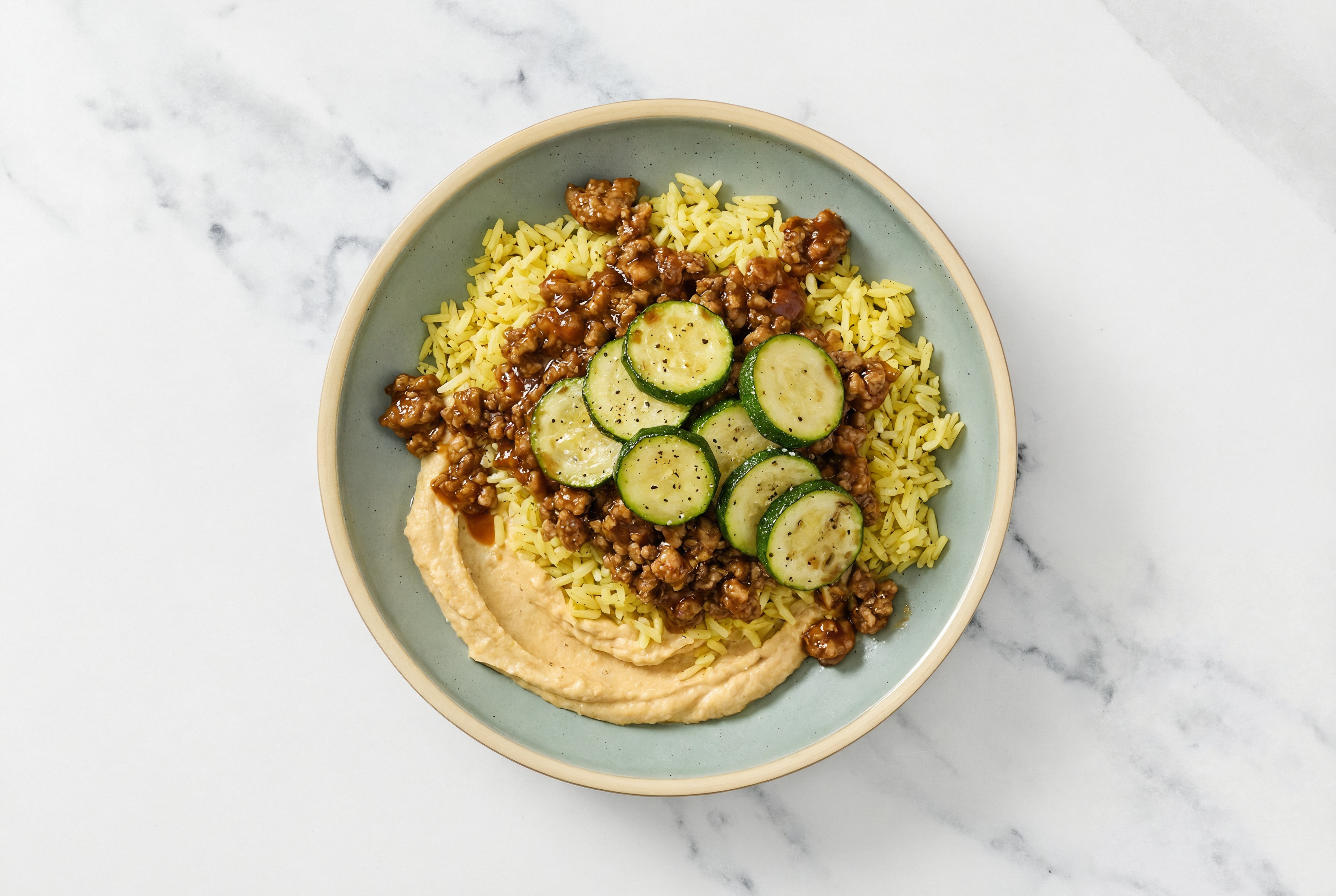 Ground Turkey & Zucchini Grain Bowl with Onion Hummus