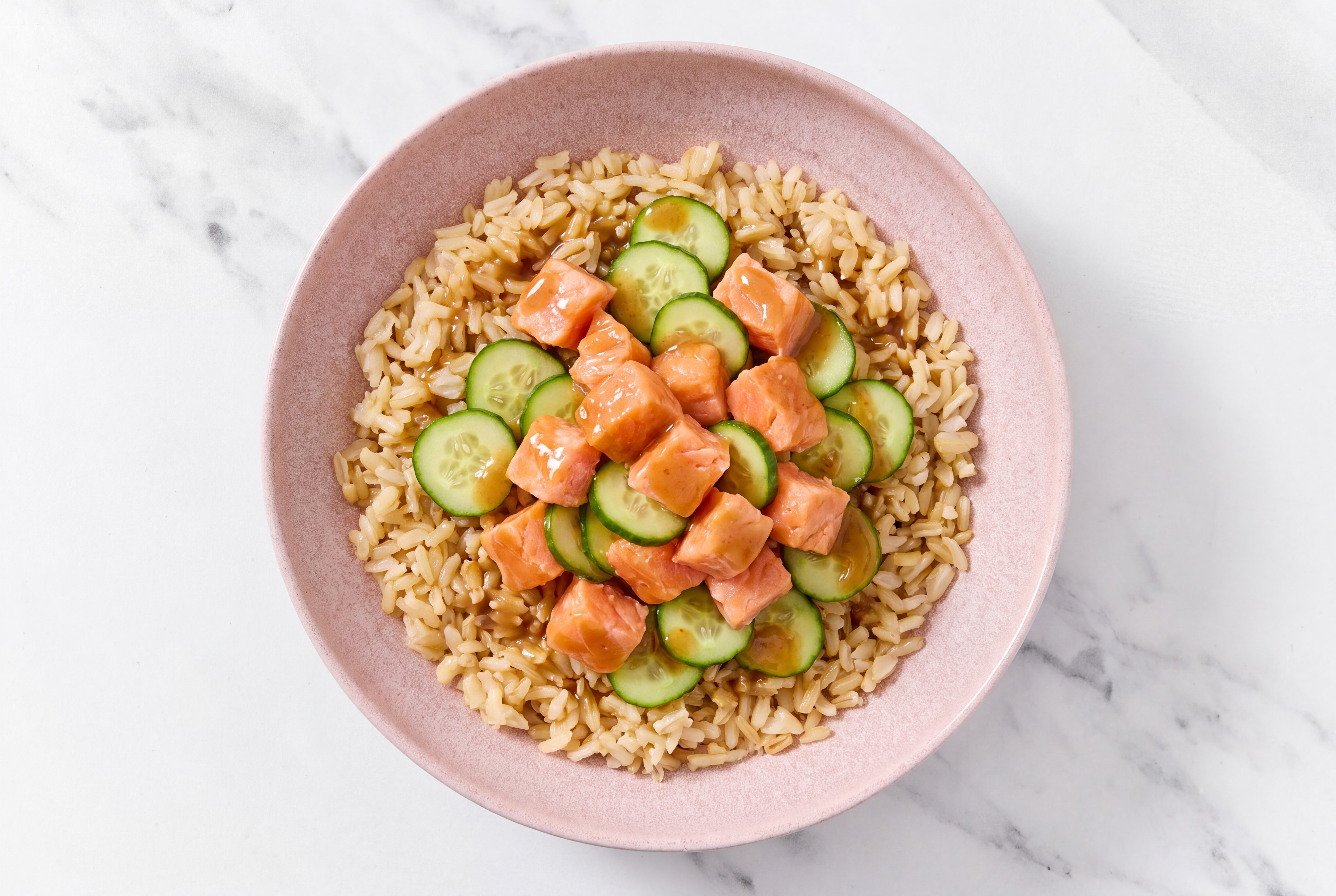 Gingery Ponzu Poké Salmon + Crisp Cucumber Bowl with Brown Rice