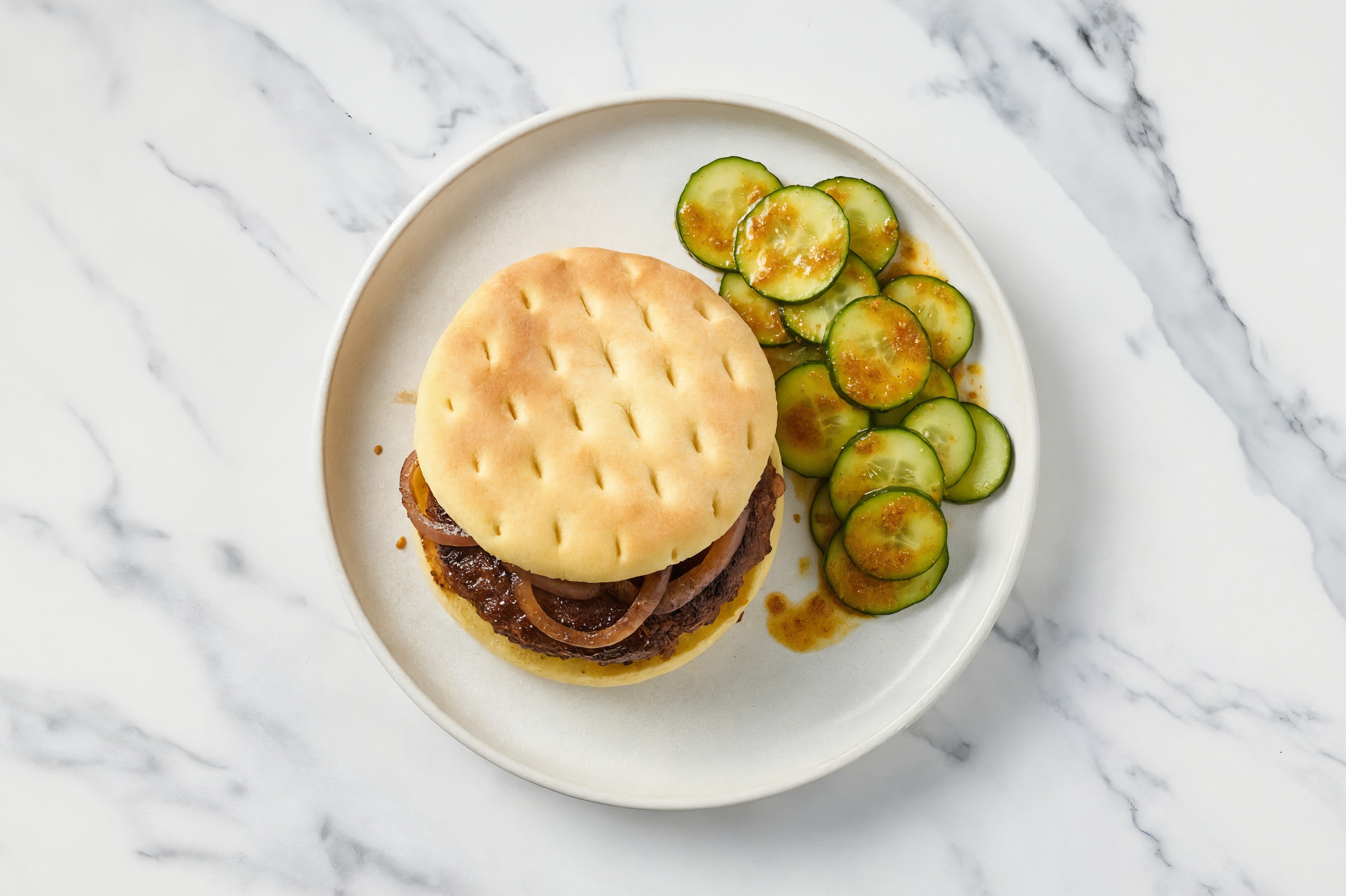 Hearty Curry Onion Burger + English Cucumber Salad