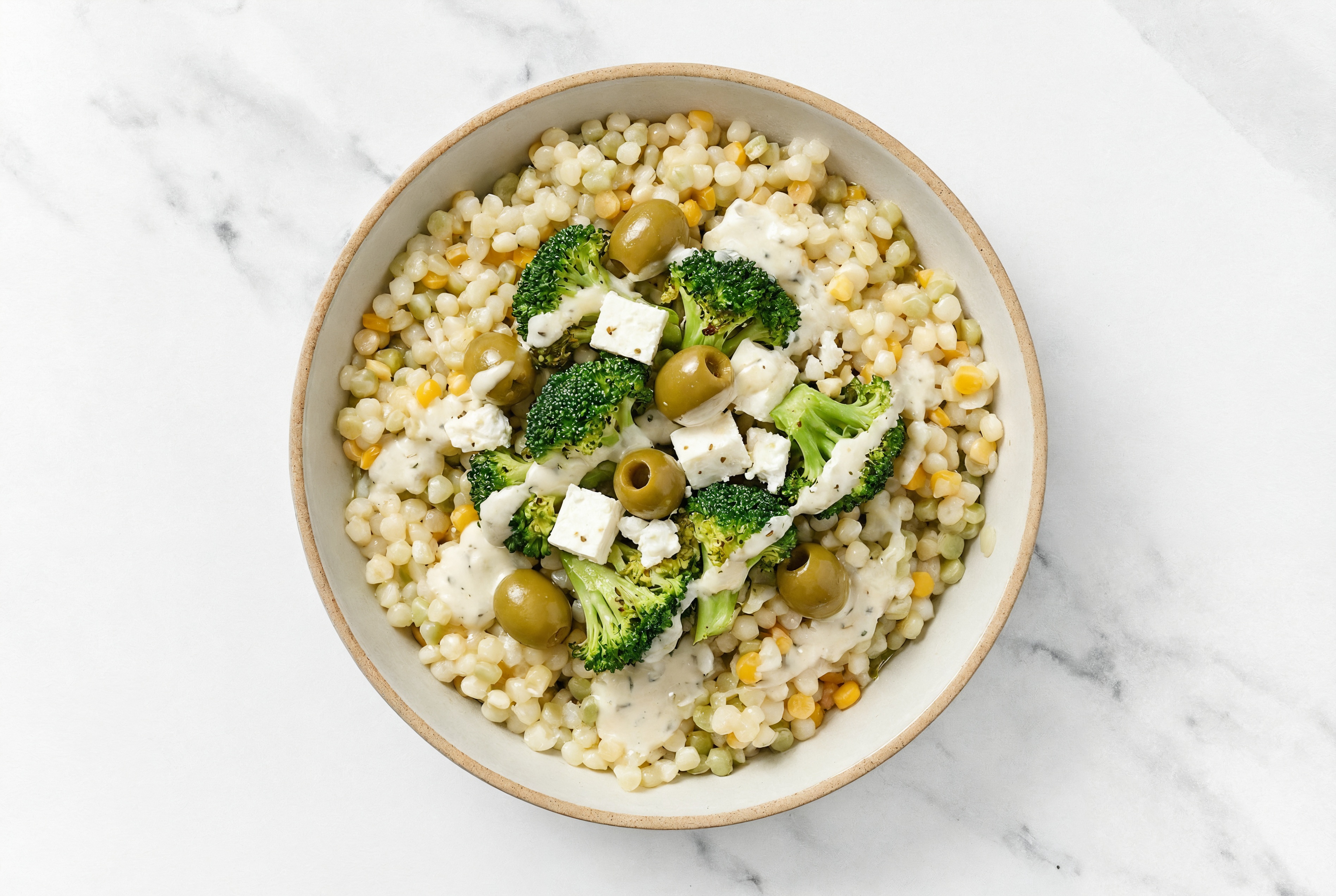 Garlicky Organic Broccoli Feta Green Olive Grain Bowl