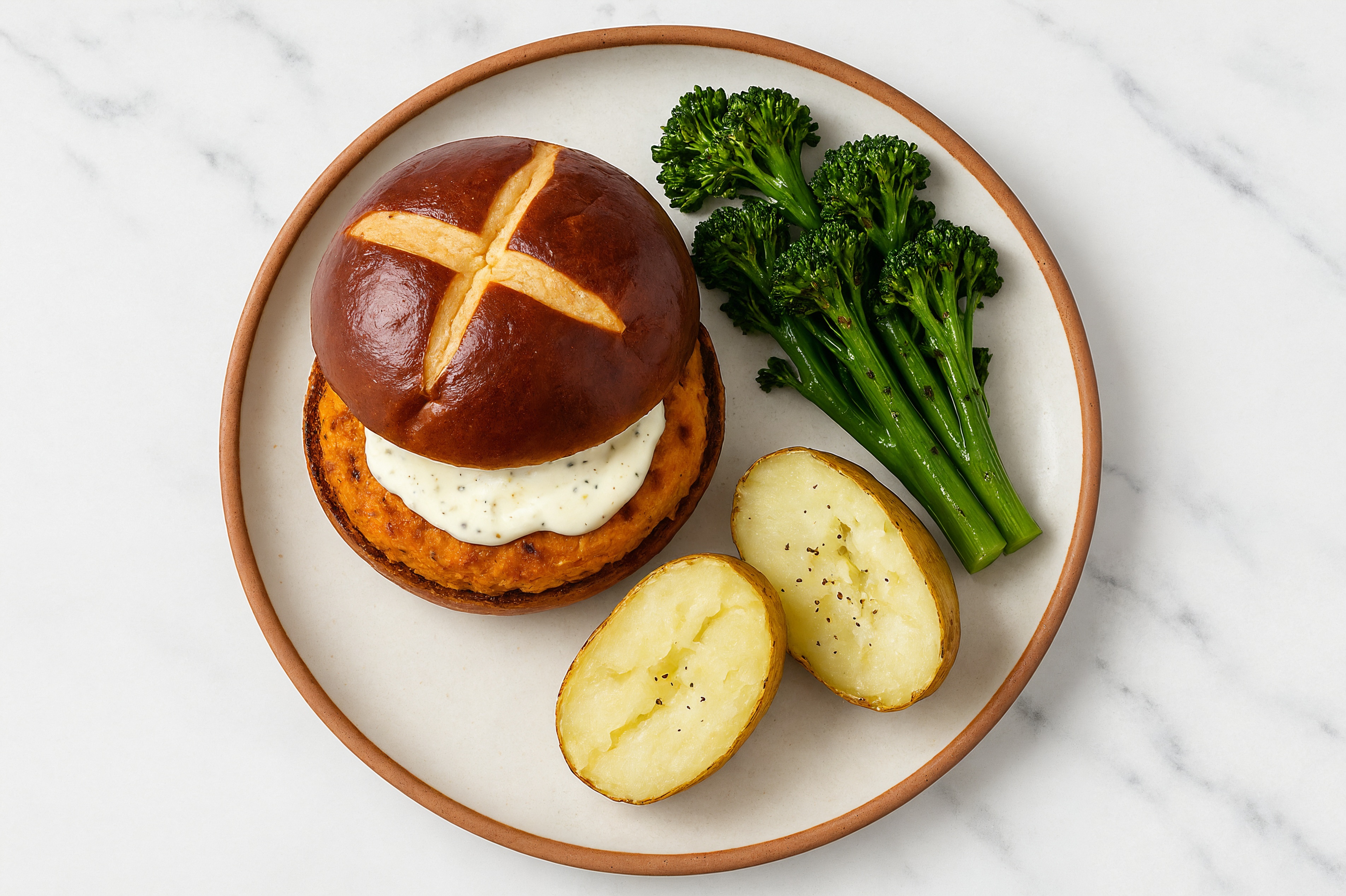 Ranch Sweet Potato Burger on Pretzel Bun with Baby Broccoli