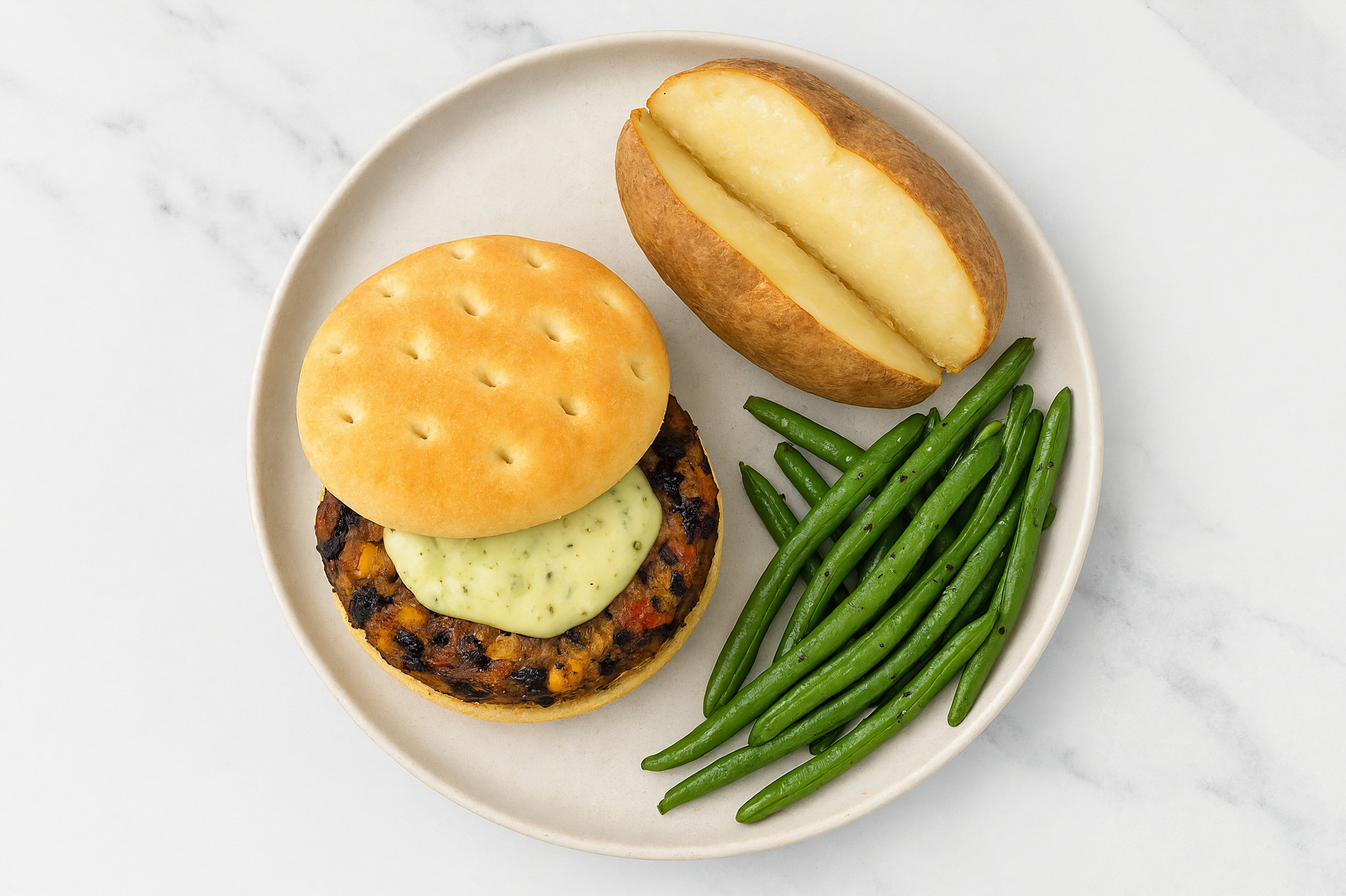 Jalapeño Black Bean Burger on Brioche with Green Beans