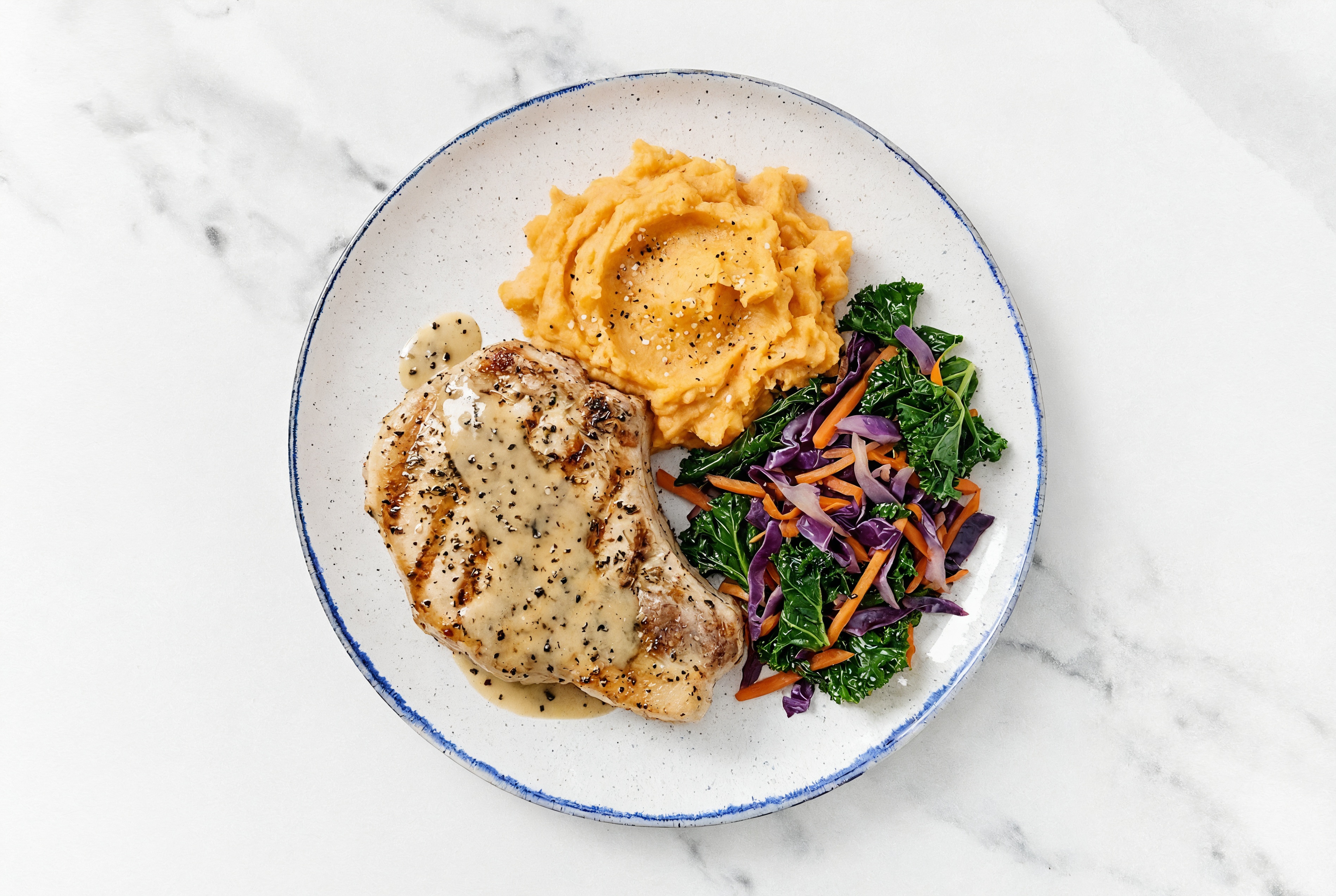 Veggie Medley Pork Loin with Asiago Dressing + Roasted Sweet Potato