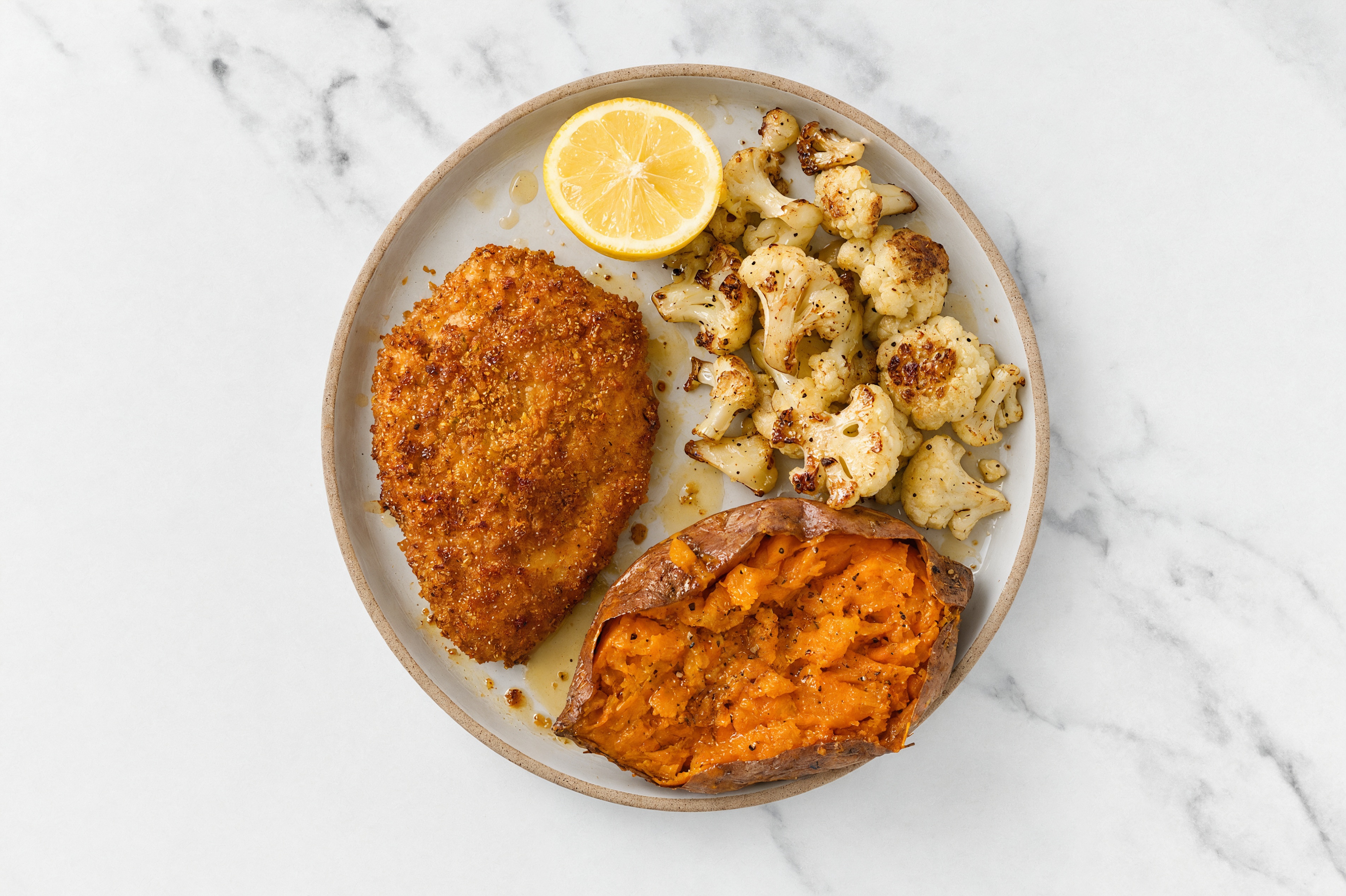 Lemon Hot Honey Breaded Chicken Cutlet with Cauliflower & Sweet Potato