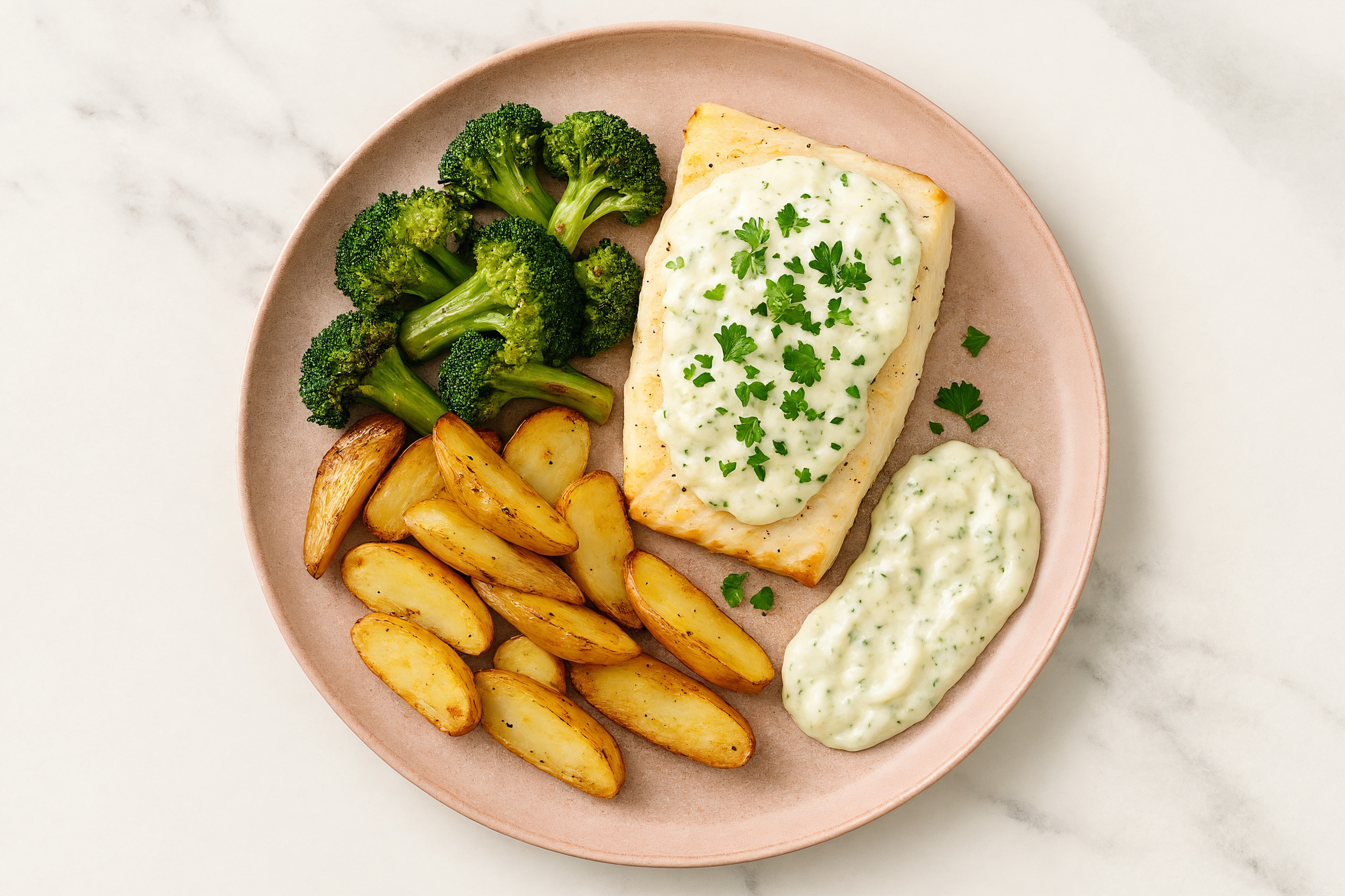 Sheet-Pan Halibut + Veggies with Tzatziki with Broccoli Florets