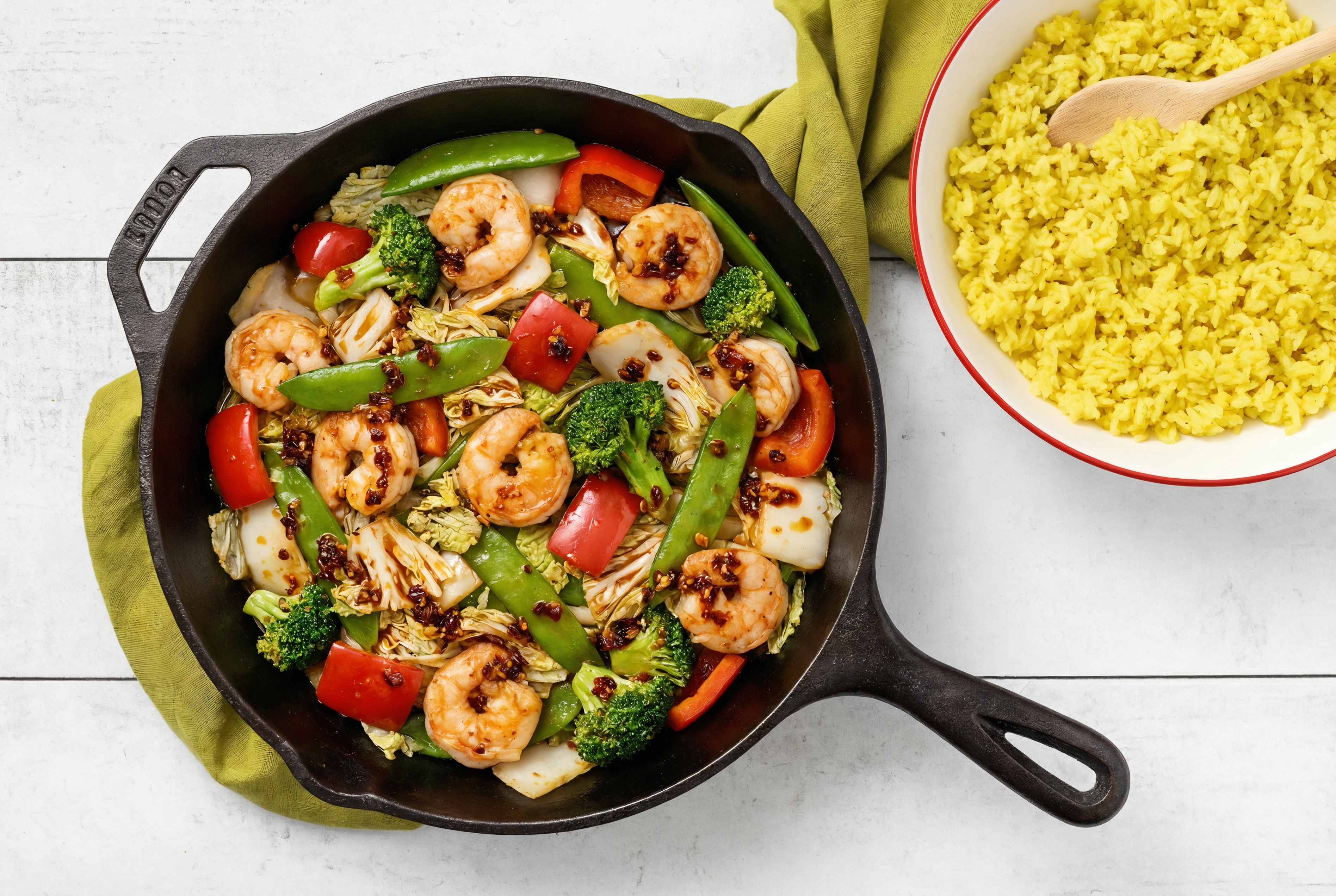 Chili Crisp Jumbo Shrimp with Bok Choy Mix + Bell Organic Pepper over Chicken & Herb Rice