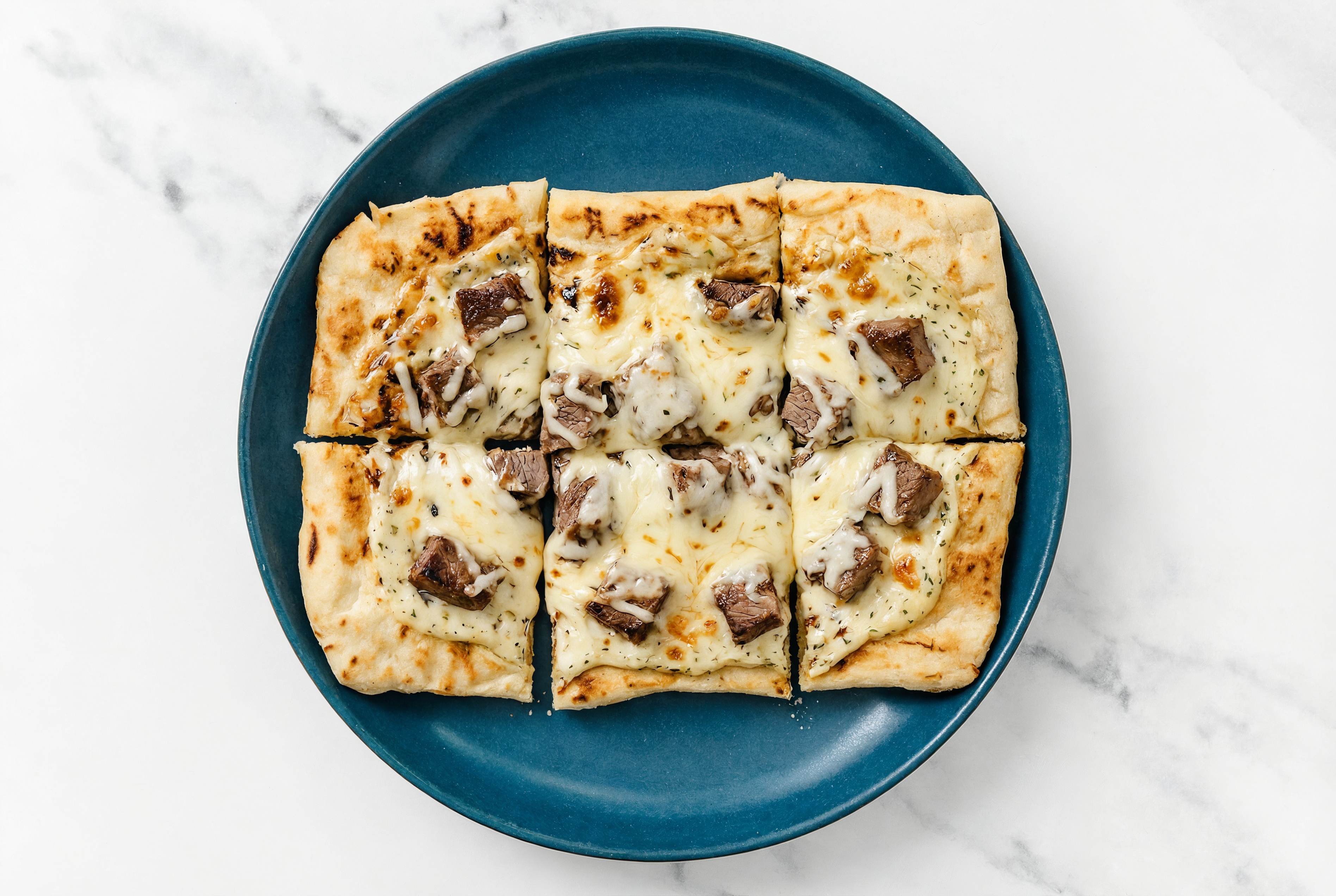 White Herb Wagyu Filet Grilled Pizza with "Mozzarella"