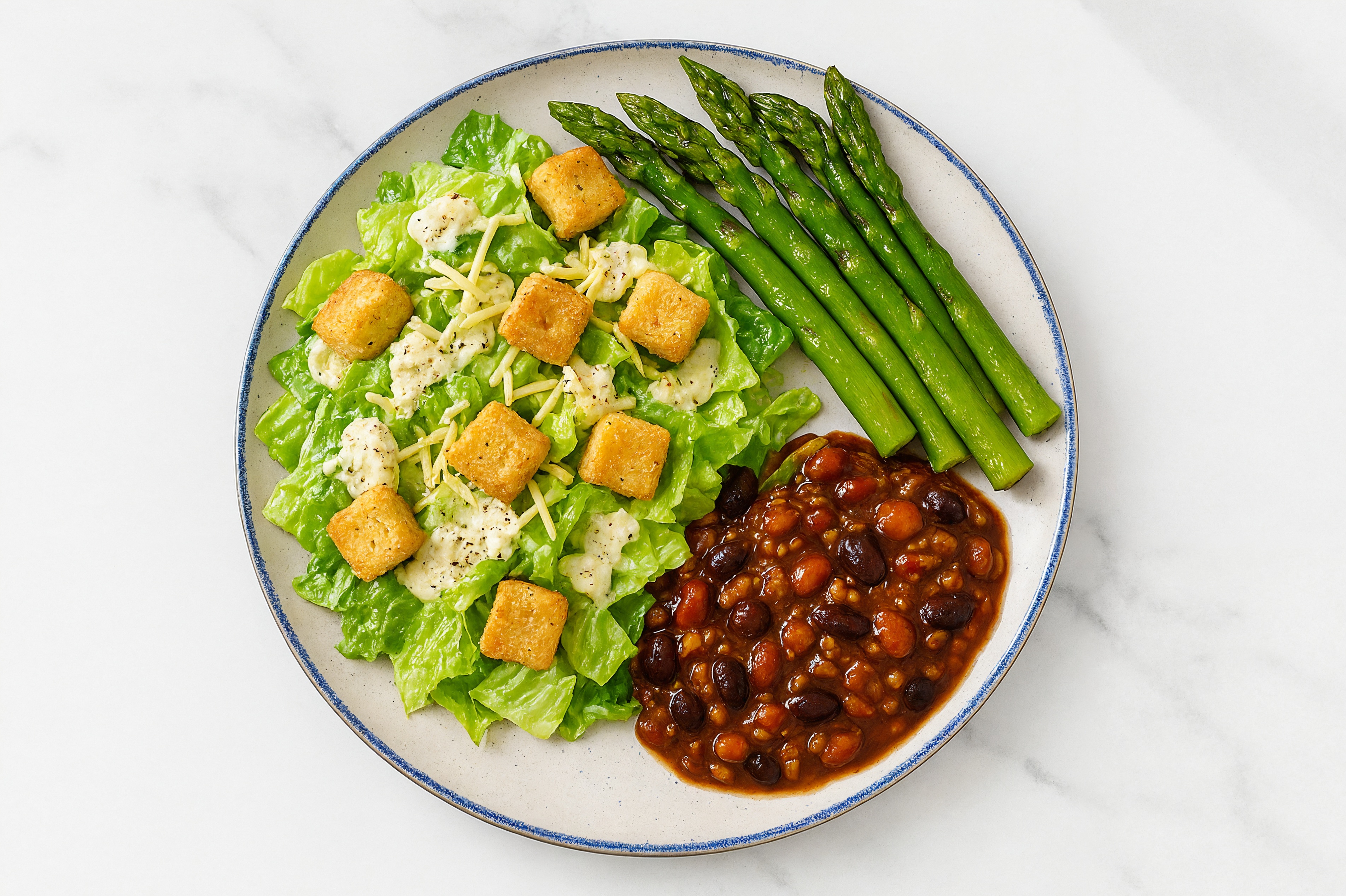 Homestyle Lentil Chili with Asparagus + Caesar Salad
