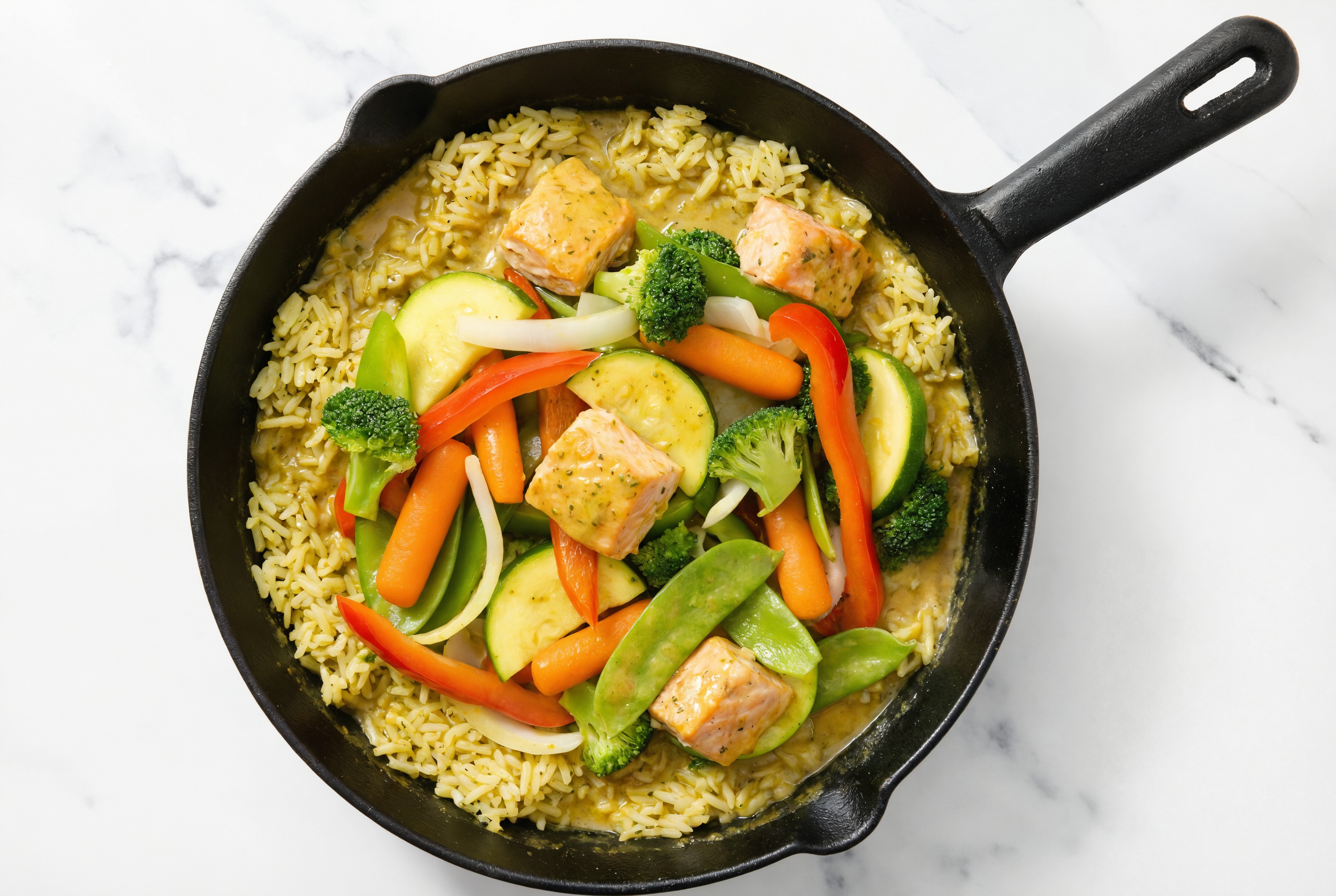 Coconut Curry Salmon Stir-Fry with Mixed Veggies over Jasmine Rice
