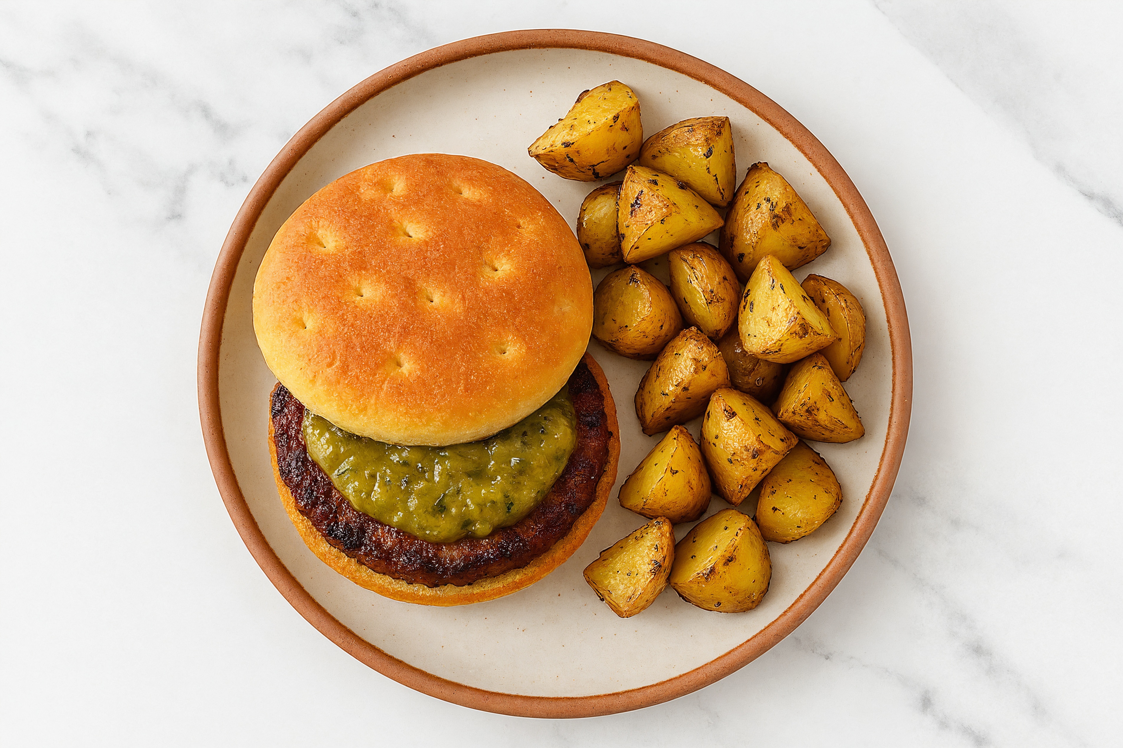 Herby Green Chile Beyond Burger + Rosemary Potatoes