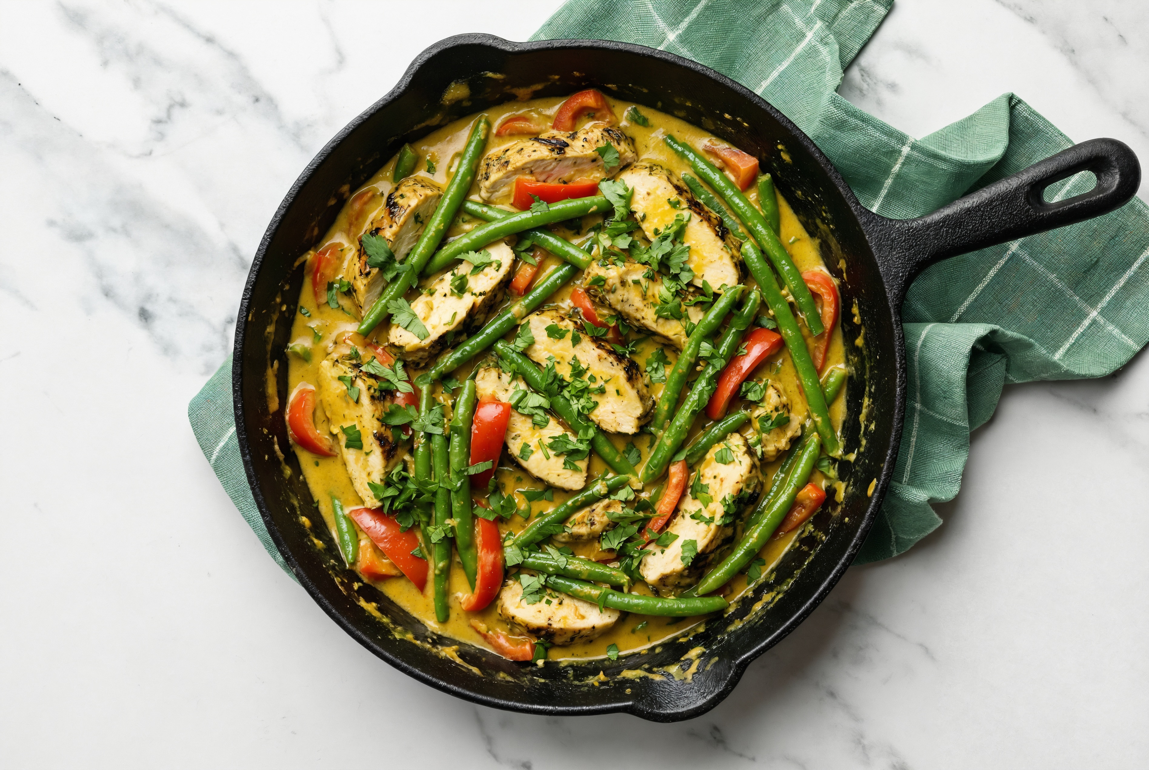 Coconut Curry Mediterranean Grilled Chicken Breast with Organic Green Beans, Red Pepper + Cilantro