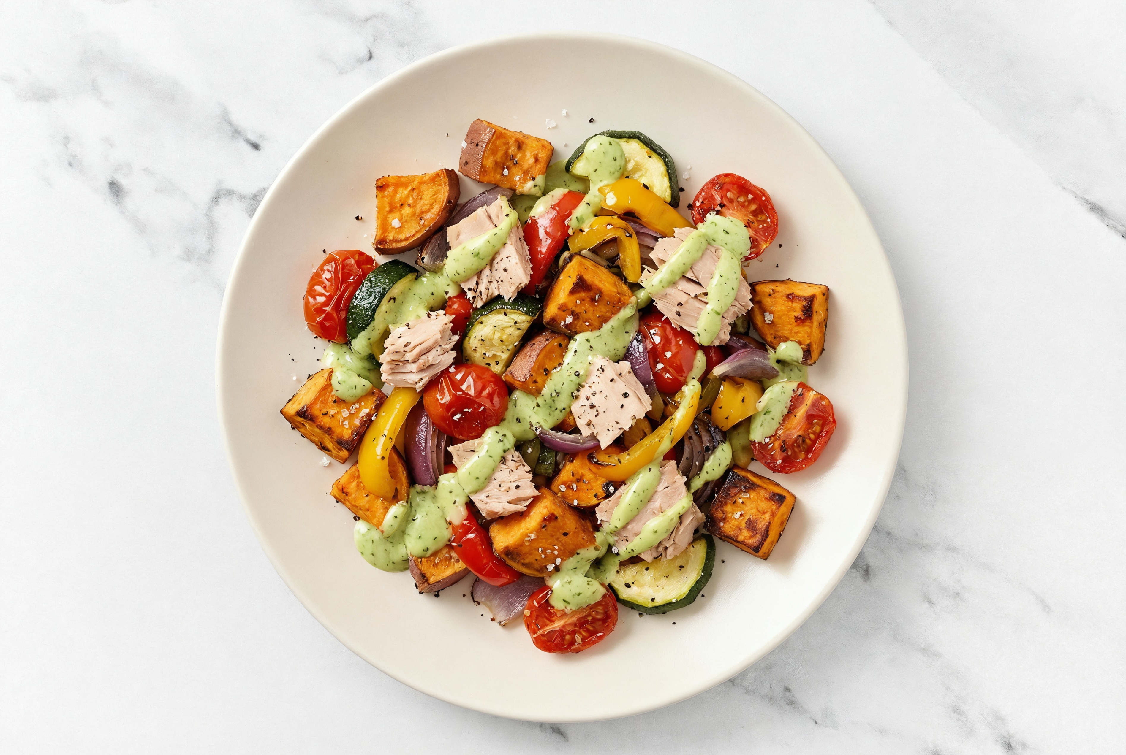 Sheet Pan Green Goddess-Tuna with Sweet Potatoes & Squash