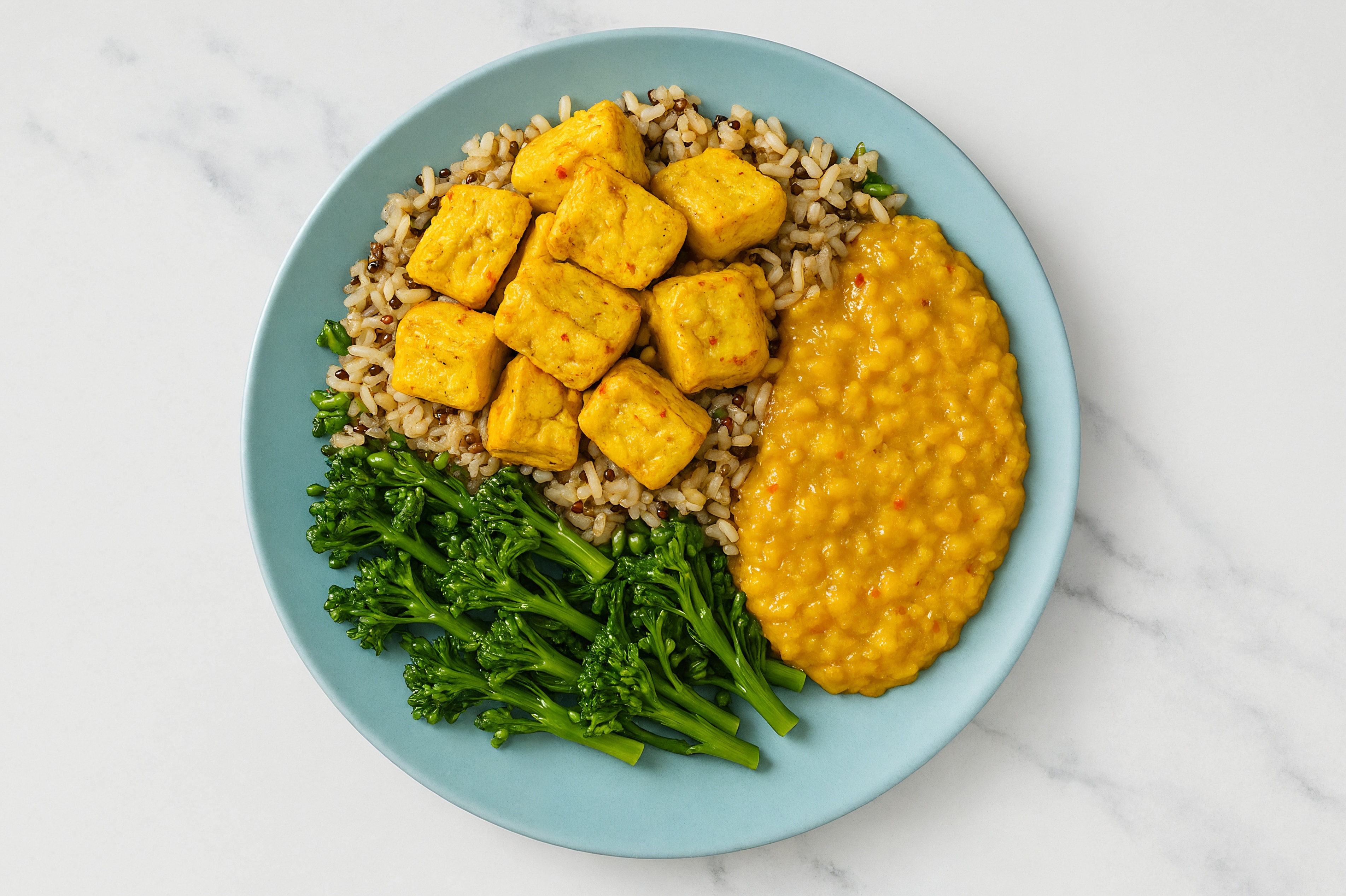 Red Lentil + Tofu Broccoli Grain Bowl