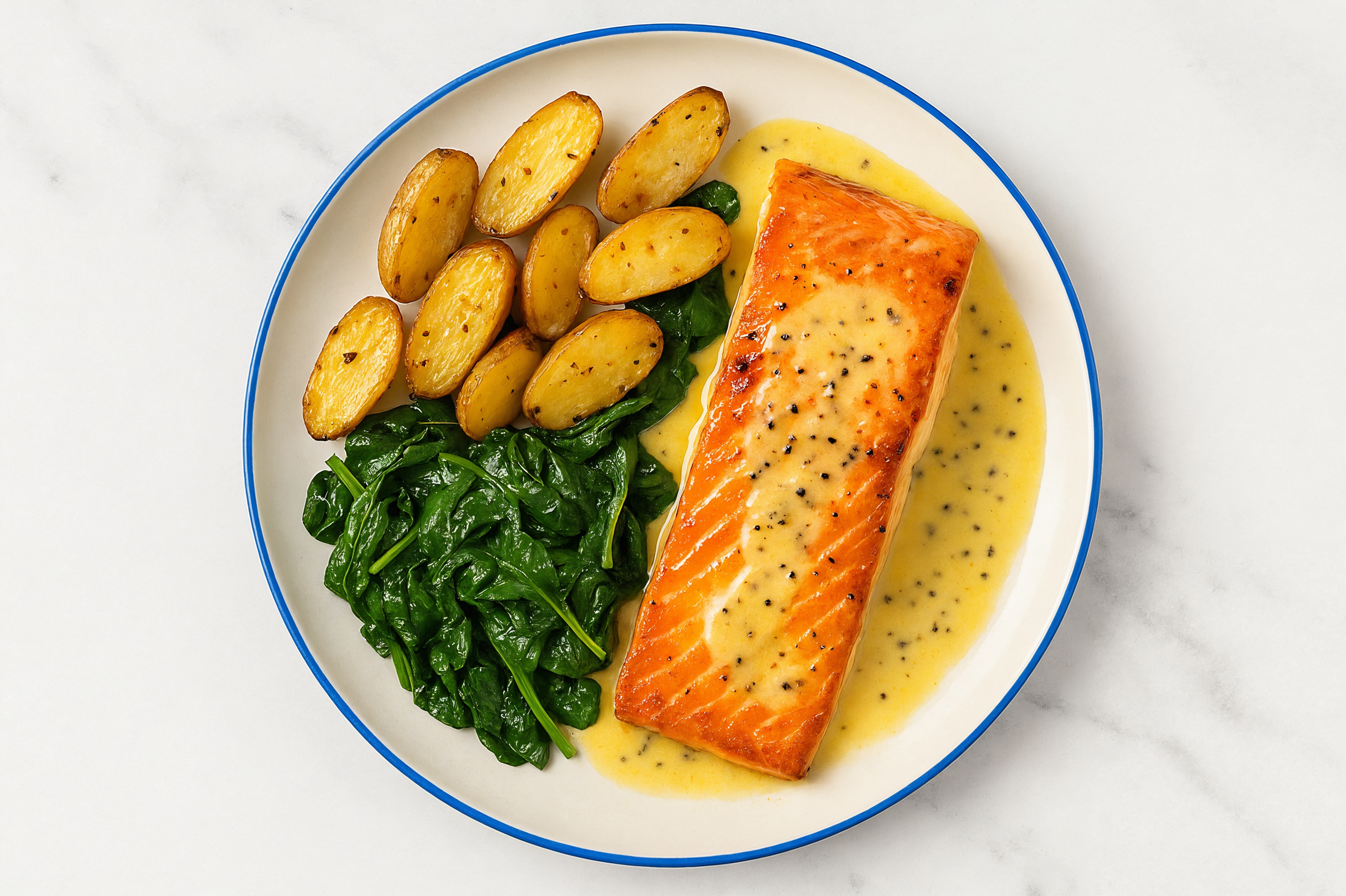 Lemon-Slow Churned & Peppercorn Pasture Butter Salmon with Fingerling Potatoes & Spinach