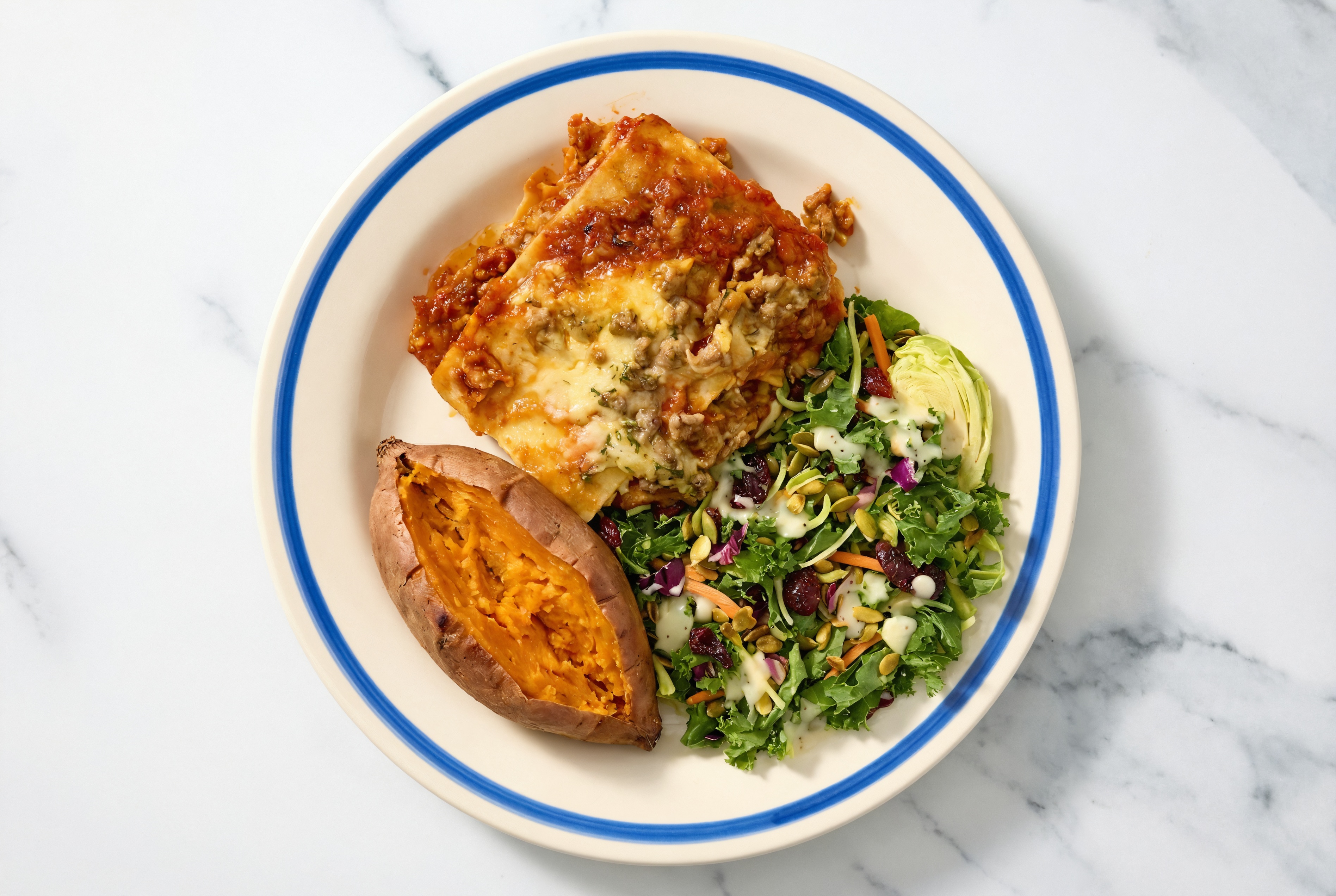 Lasagna Bolognese with Sweet Potato + Kale Salad
