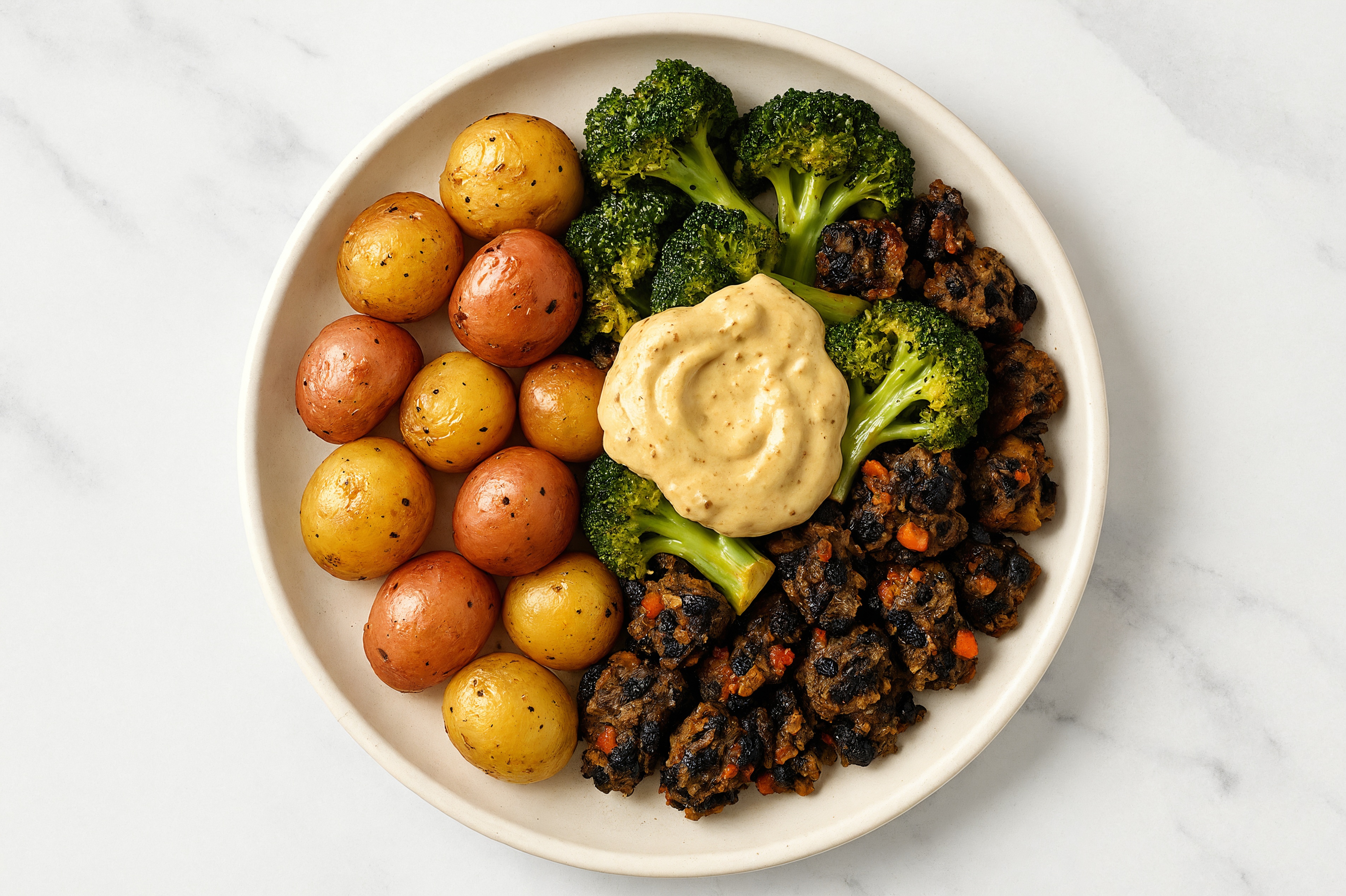 Rustic Creamy Black Bean Burger Bowl with Broccoli Florets