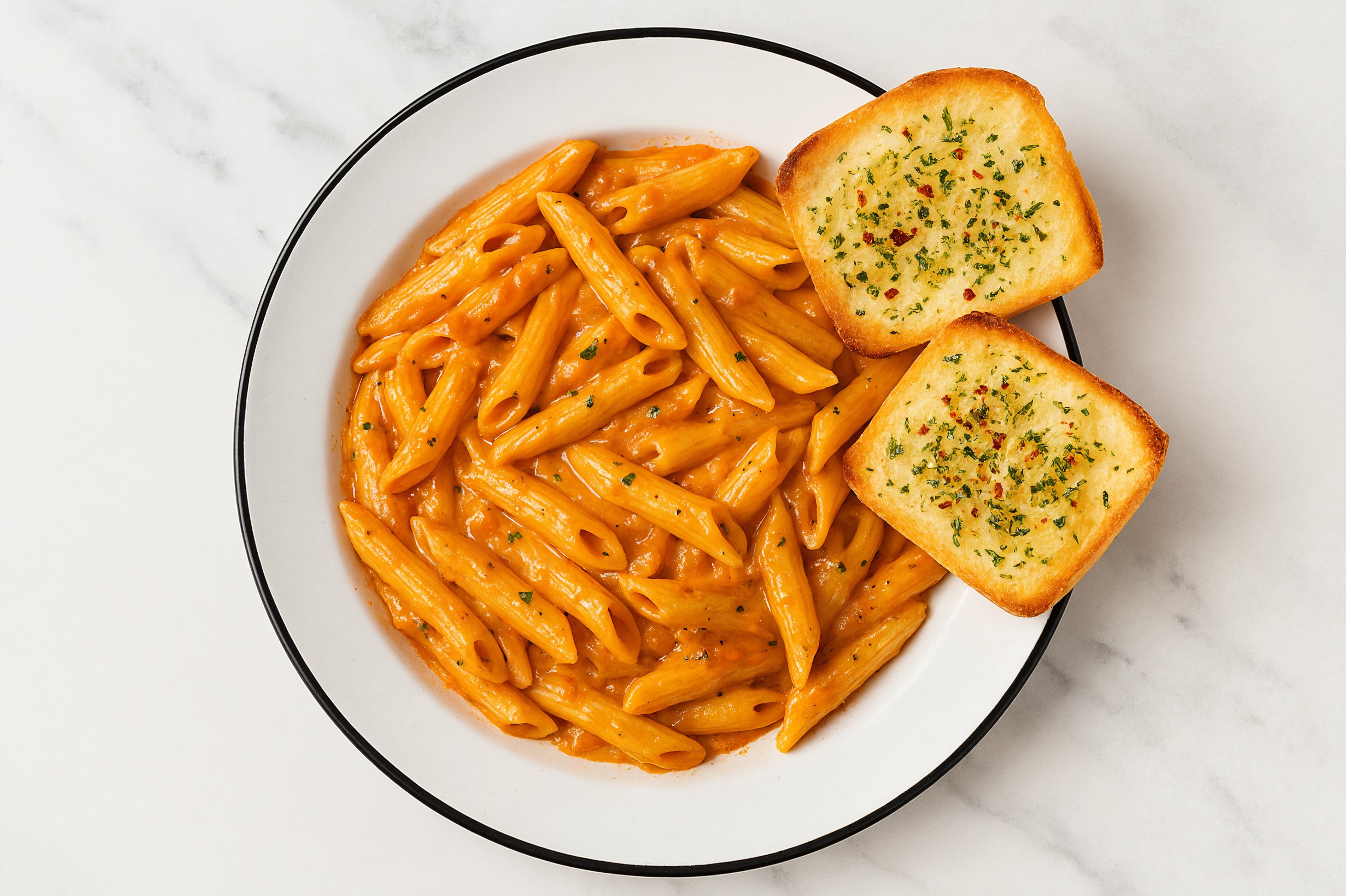Savory Penne alla Vodka + Garlic Bread