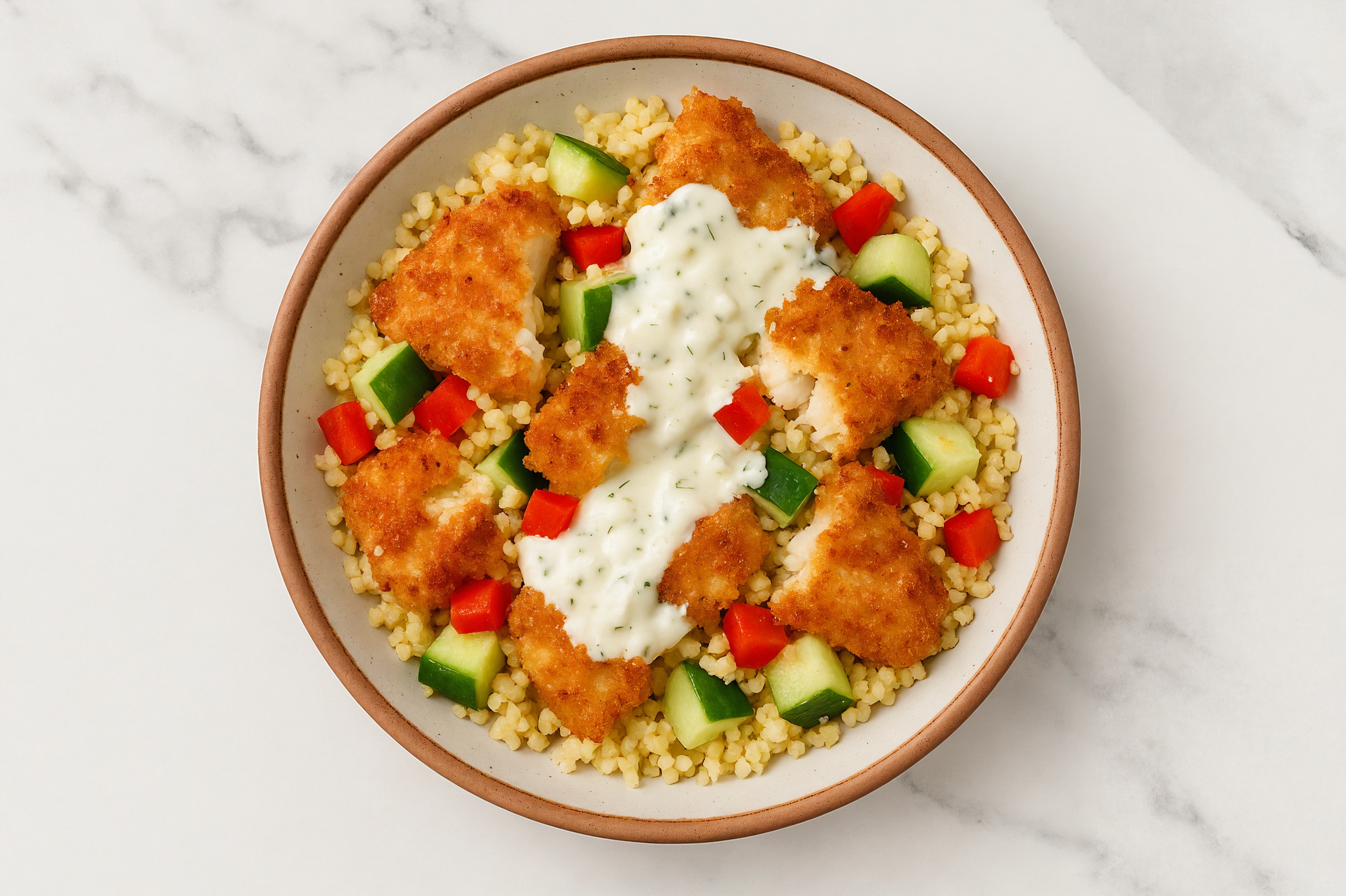 Breaded Fish + Tzatziki Veggie Bliss Bowl with Red Bell Pepper