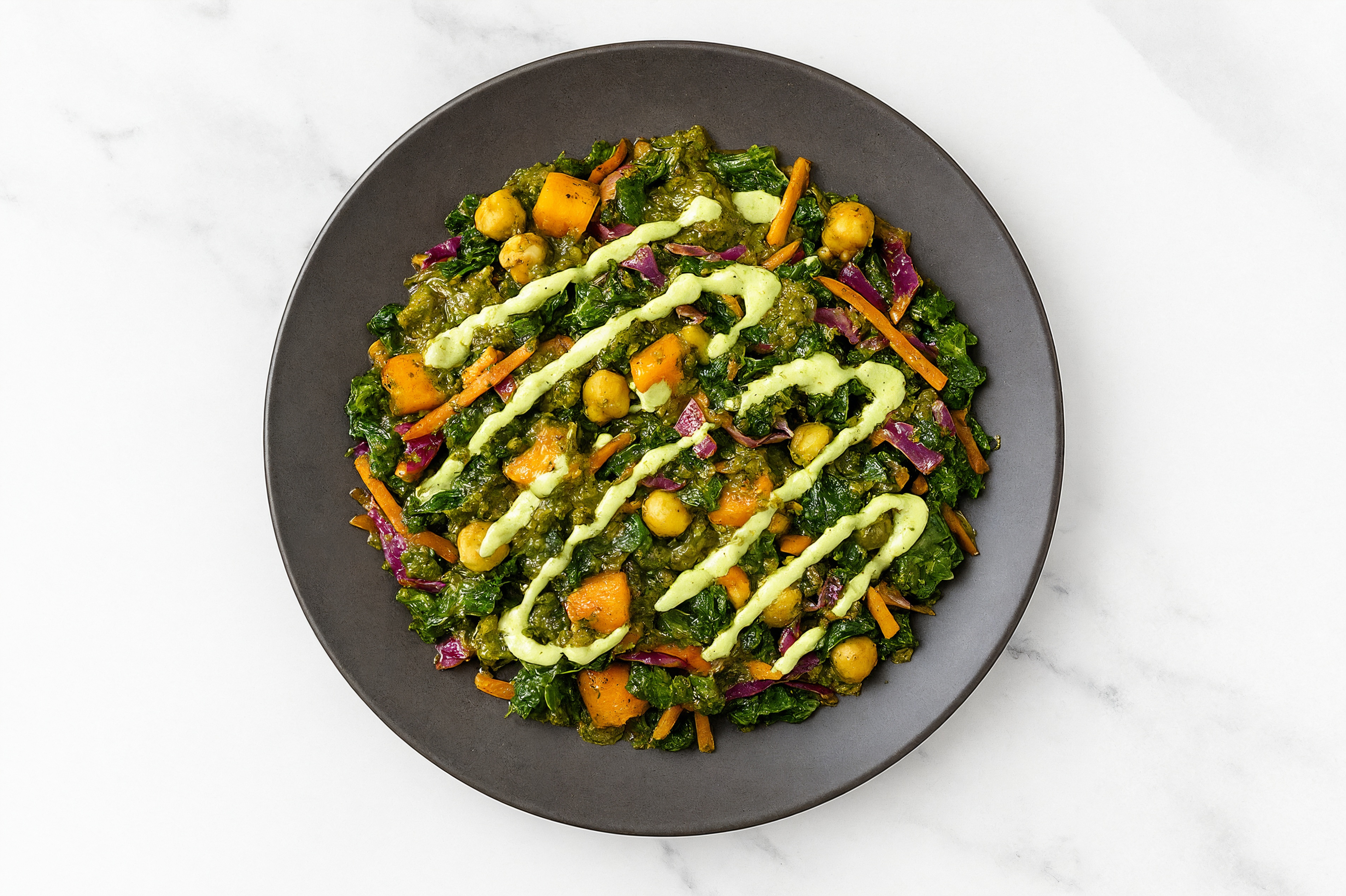 Sweet Potato Chickpea Saag + Jalapeño Rainbow Veggies